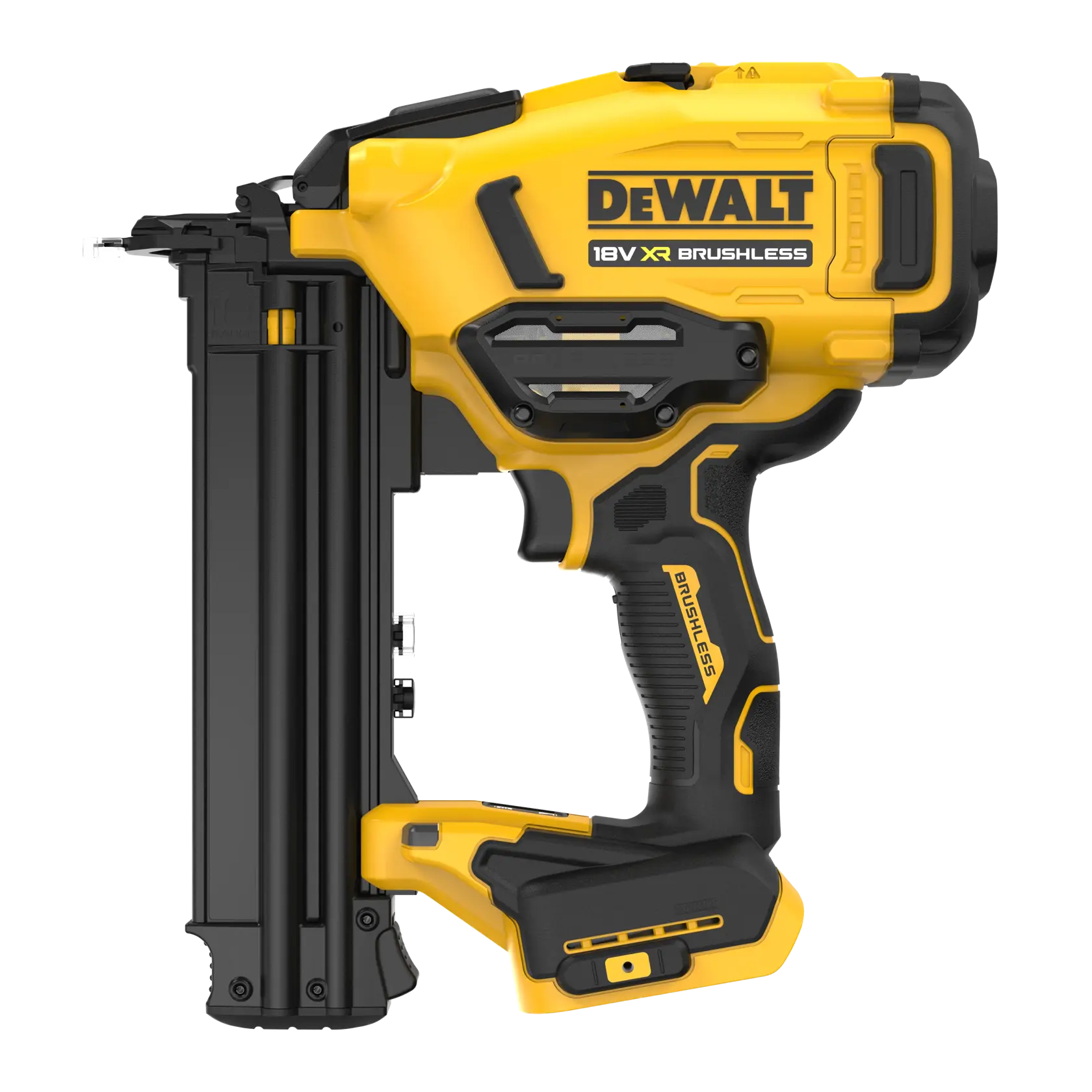 DEWALT 18V XR Brushless nail gun in yellow and black, side view with ergonomic grip and battery slot.