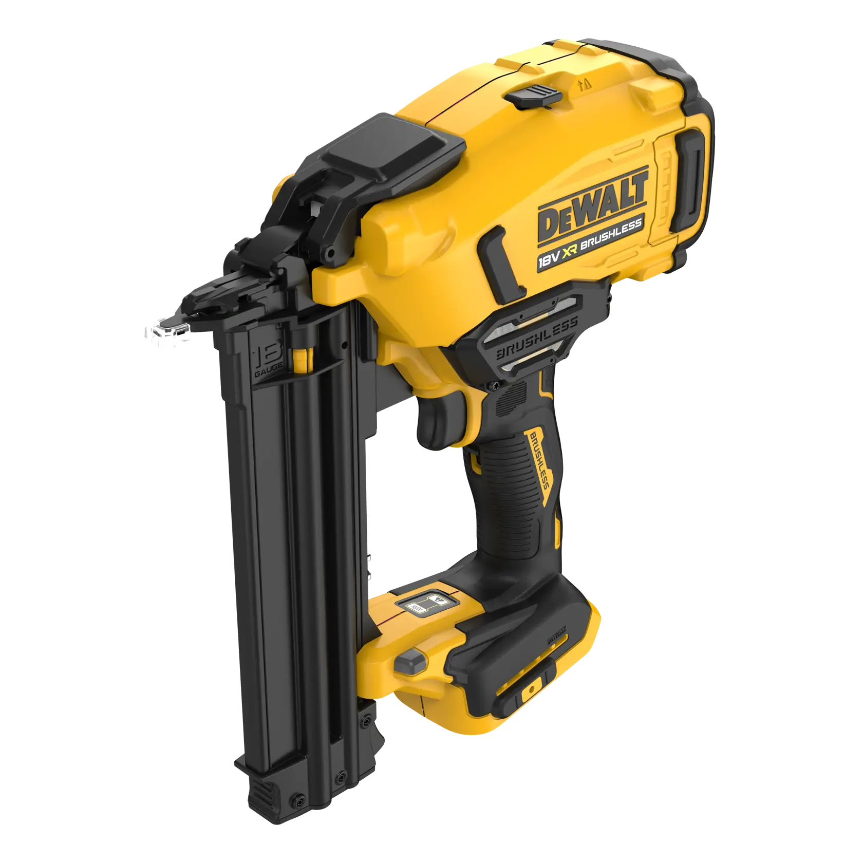 DEWALT 18V XR brushless nailer with yellow and black design, ergonomic handle, and magazine for 18 gauge nails.