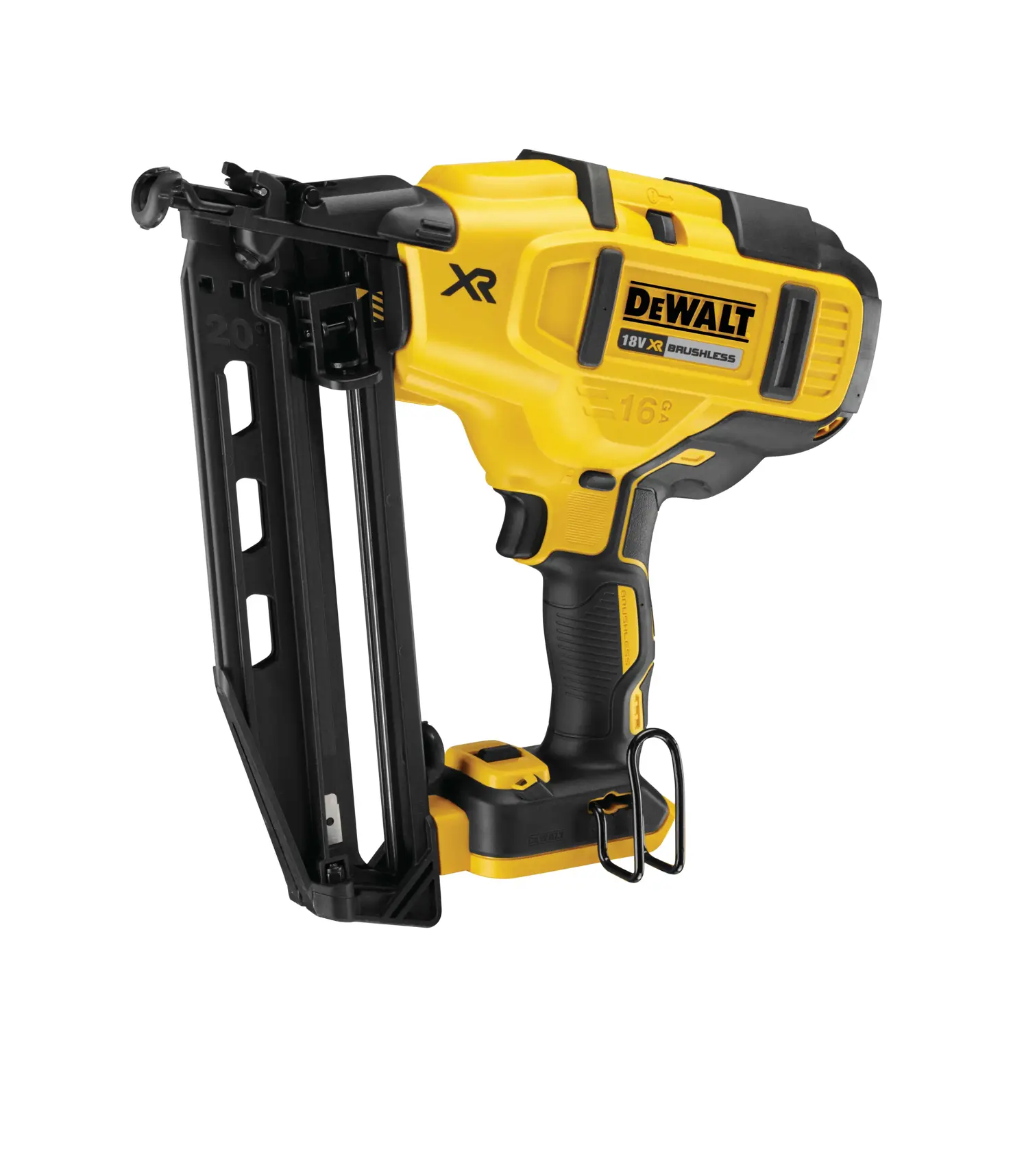 DEWALT DCN660N 18V XR brushless cordless nail gun shown in yellow and black with magazine attachment.
