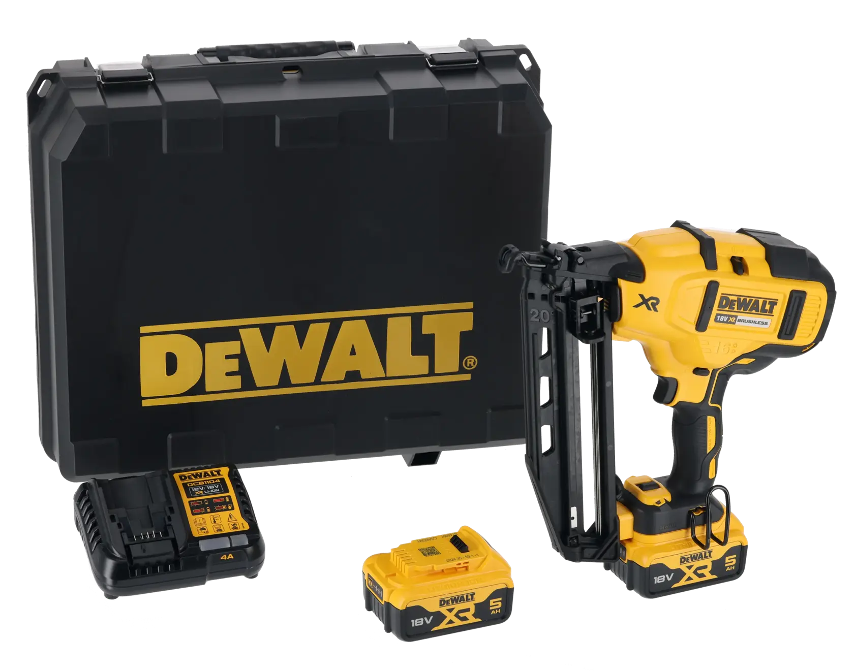 DEWALT nailer kit with case, charger, battery, and yellow 18V cordless nail gun displayed.