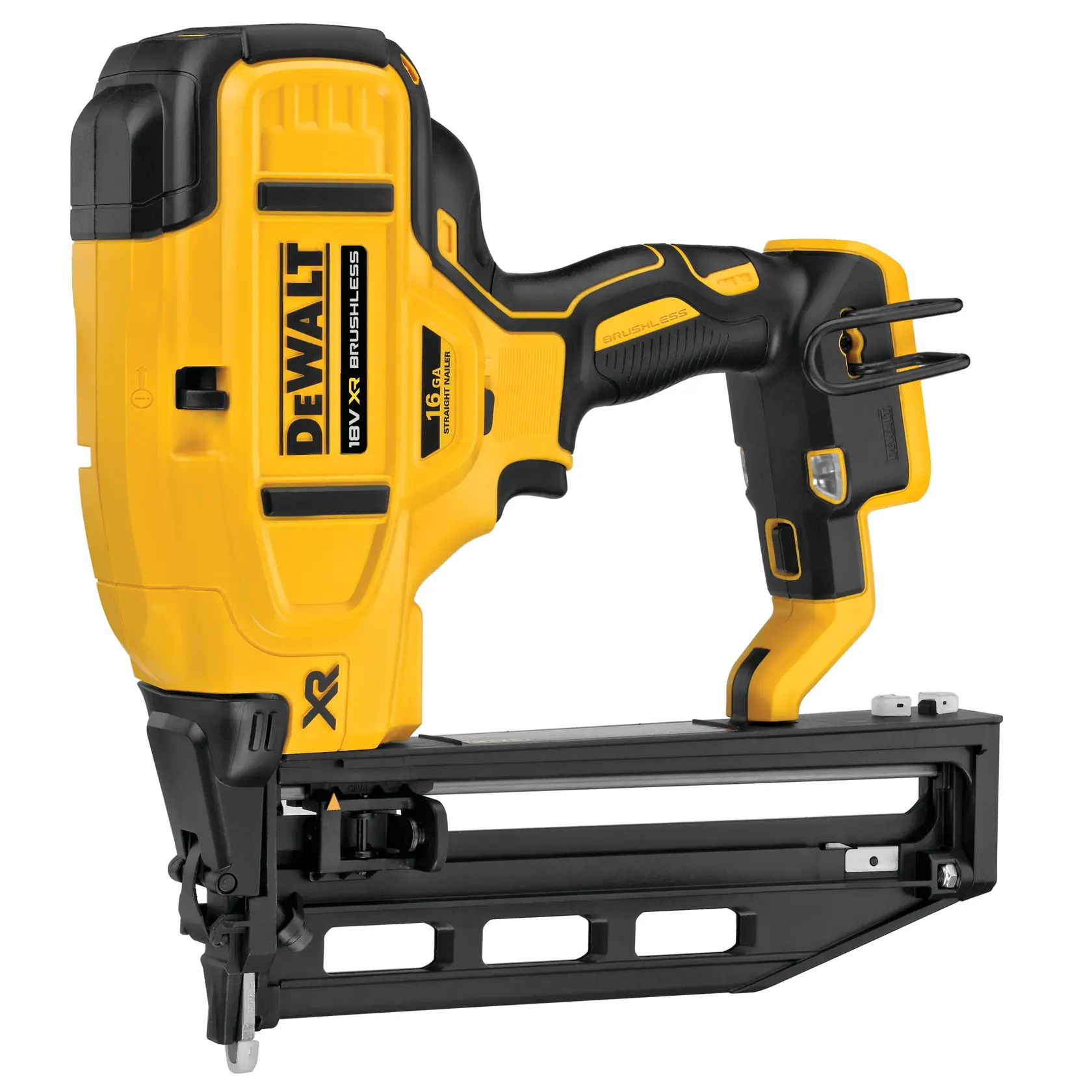 DEWALT 18V XR brushless cordless nail gun, yellow and black, model DCN662N, for woodworking or construction.