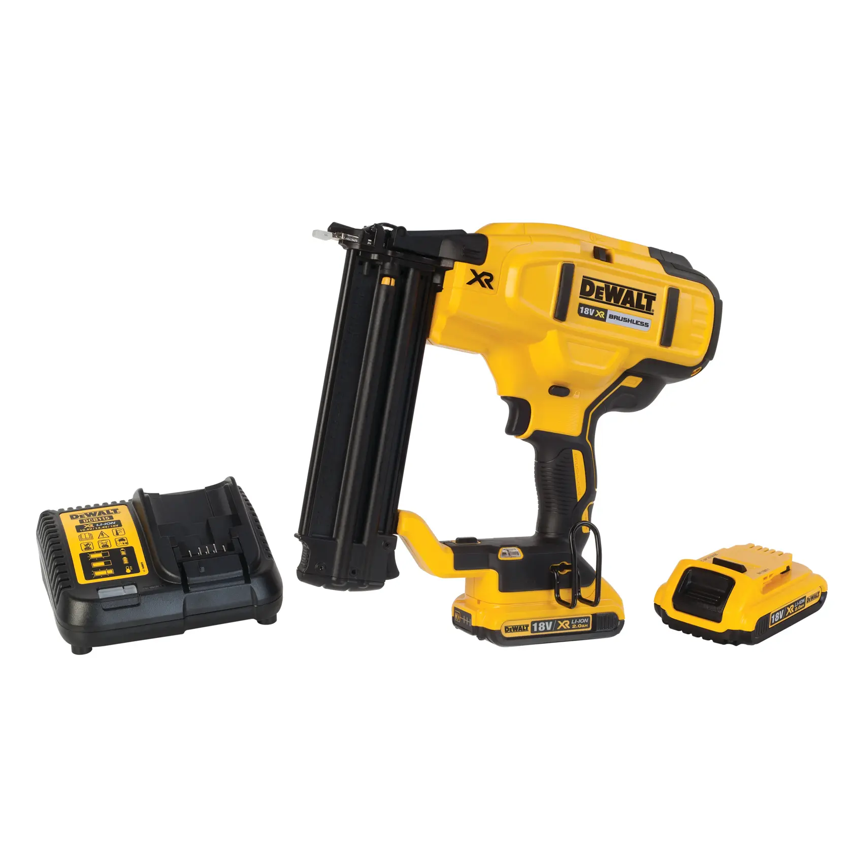 DEWALT cordless nailer kit with nail gun, battery, and charger, shown on a white background.
