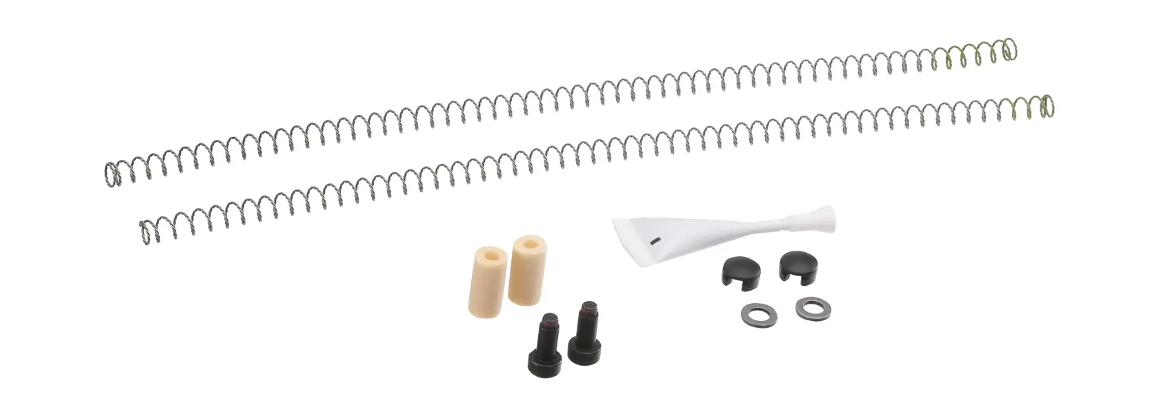 Kit de remplacement DEWALT comprenant deux ressorts métalliques, deux composants cylindriques beiges, un outil ou accessoire en plastique blanc, deux vis, deux capuchons noirs et deux rondelles métalliques, disposés sur un fond blanc.