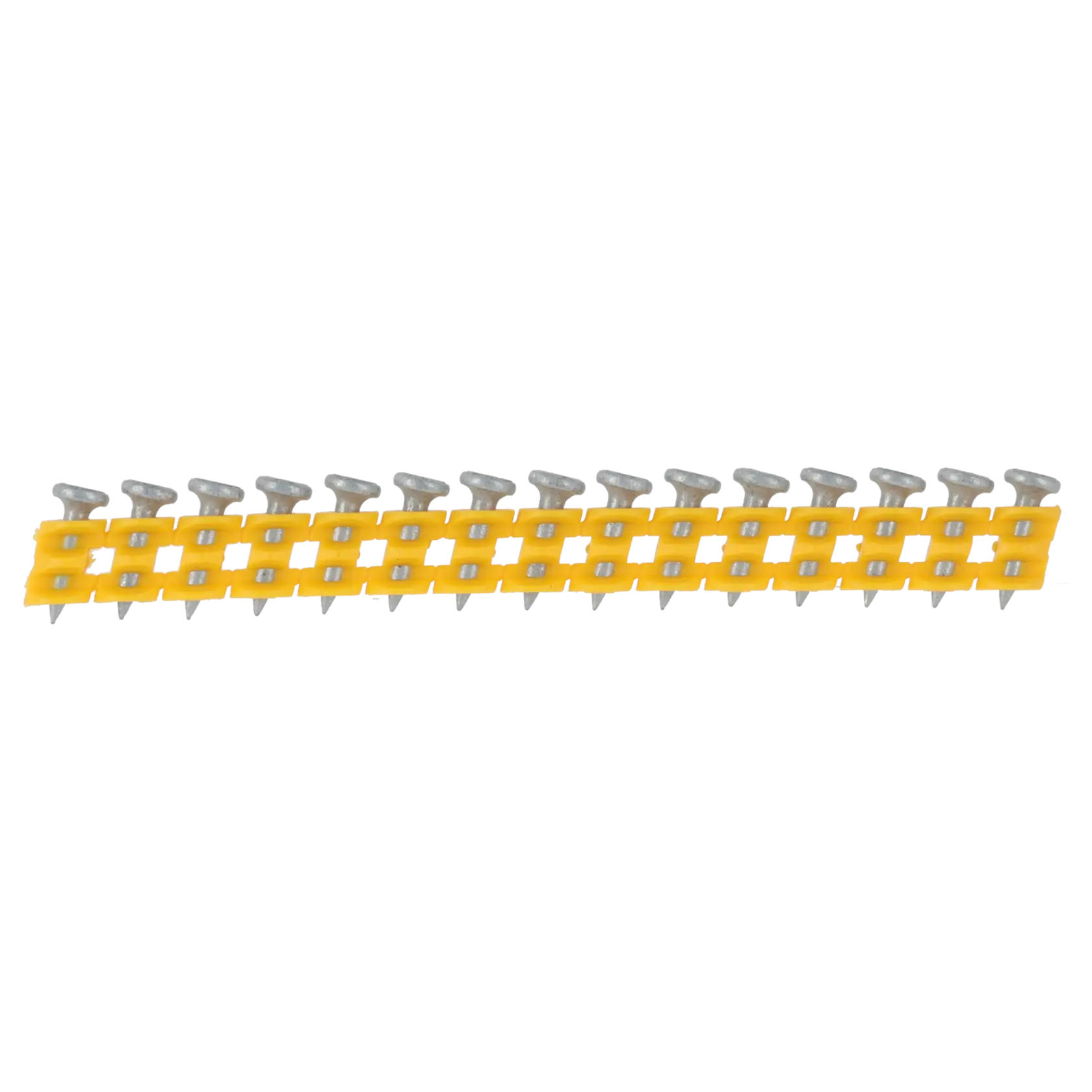 A strip of collated nails held together by a yellow plastic strip, arranged for use in a nail gun.