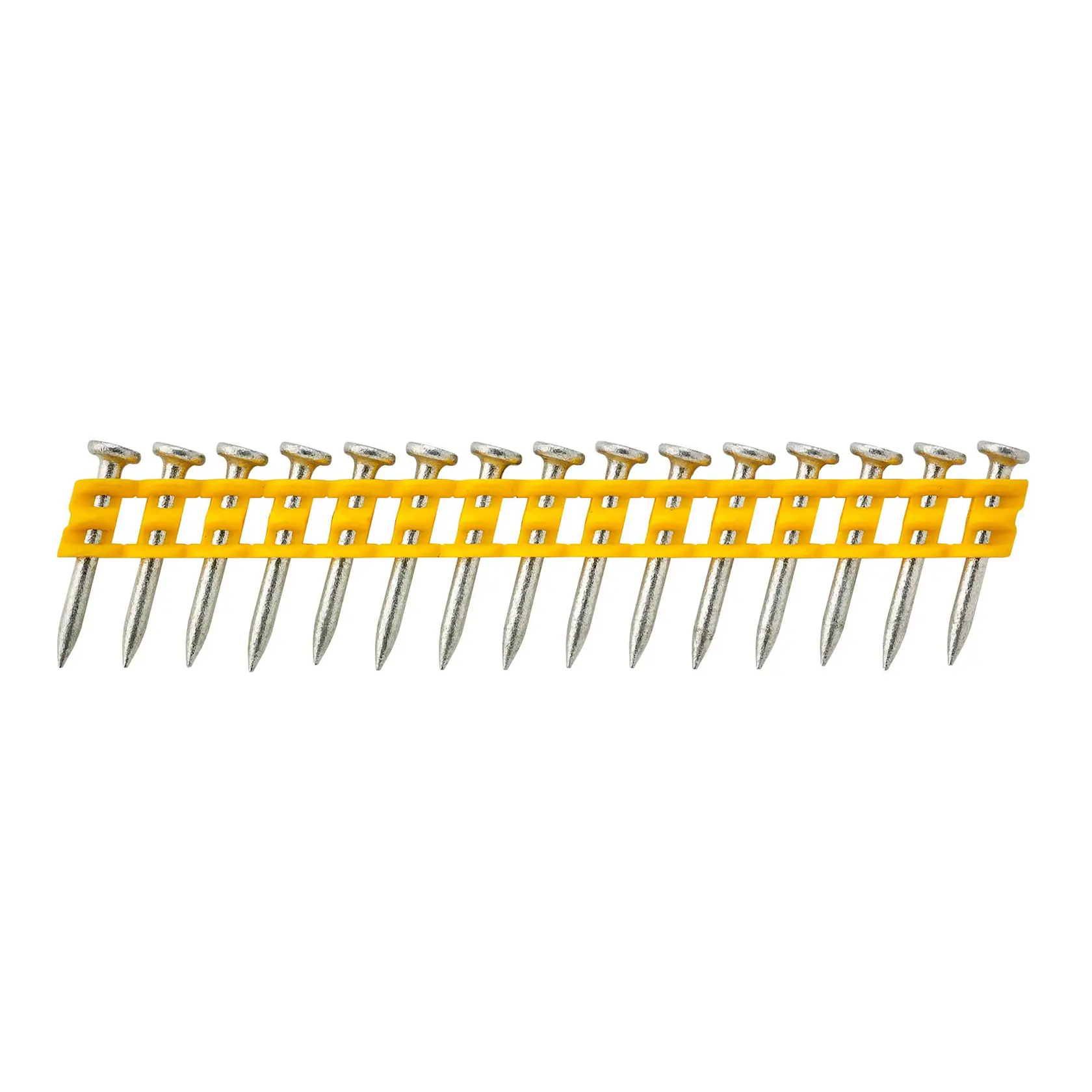A strip of collated nails held together by yellow plastic for use in a nail gun.
