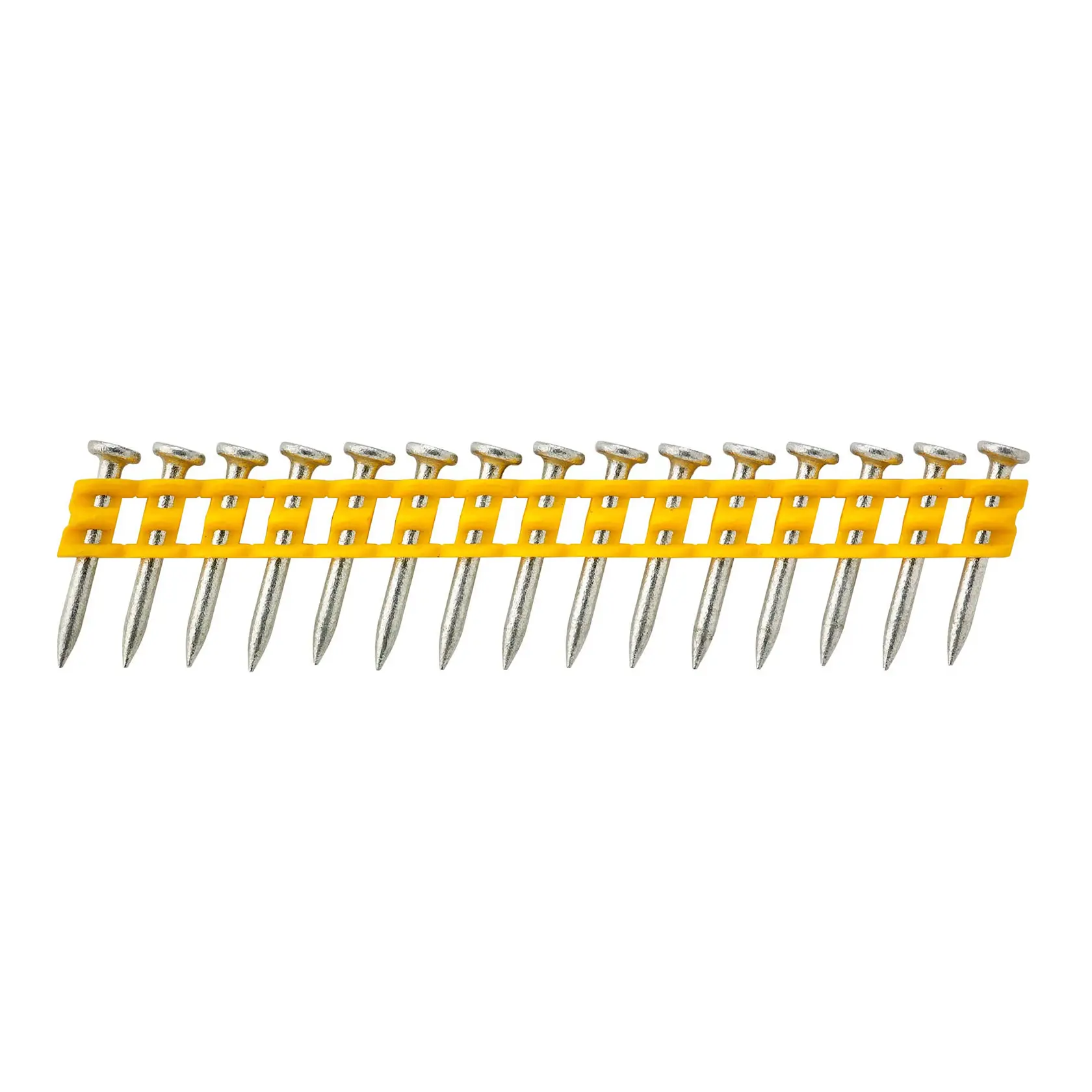 Strip of collated nails held together with a yellow plastic strip, arranged in a straight line.
