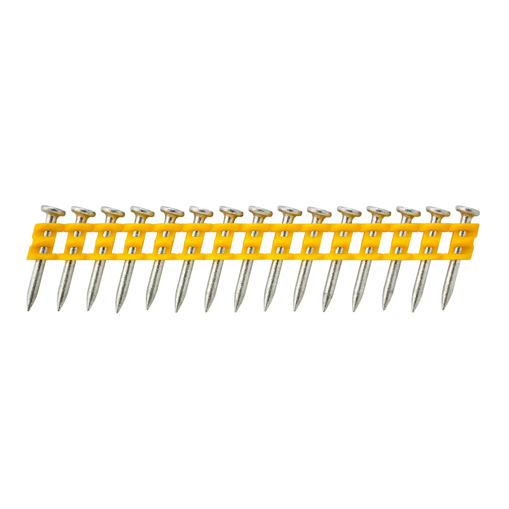 Row of collated nails held together by a yellow plastic strip, used for nail guns.