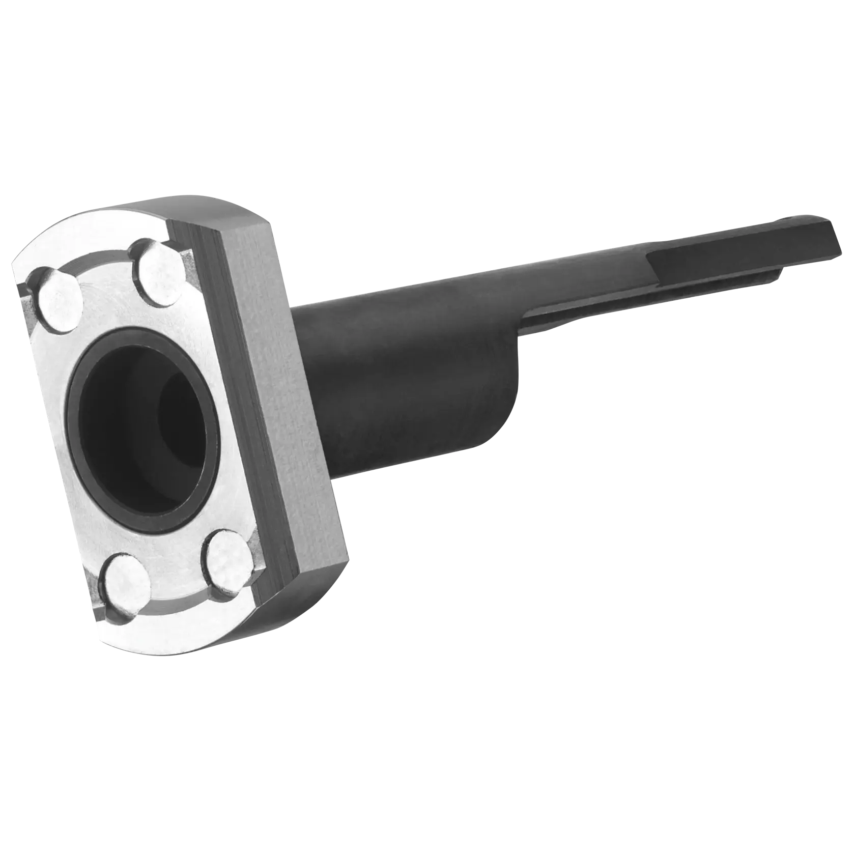 Metal DEWALT tool part with a rectangular base, circular opening, and protruding black shaft on white background.