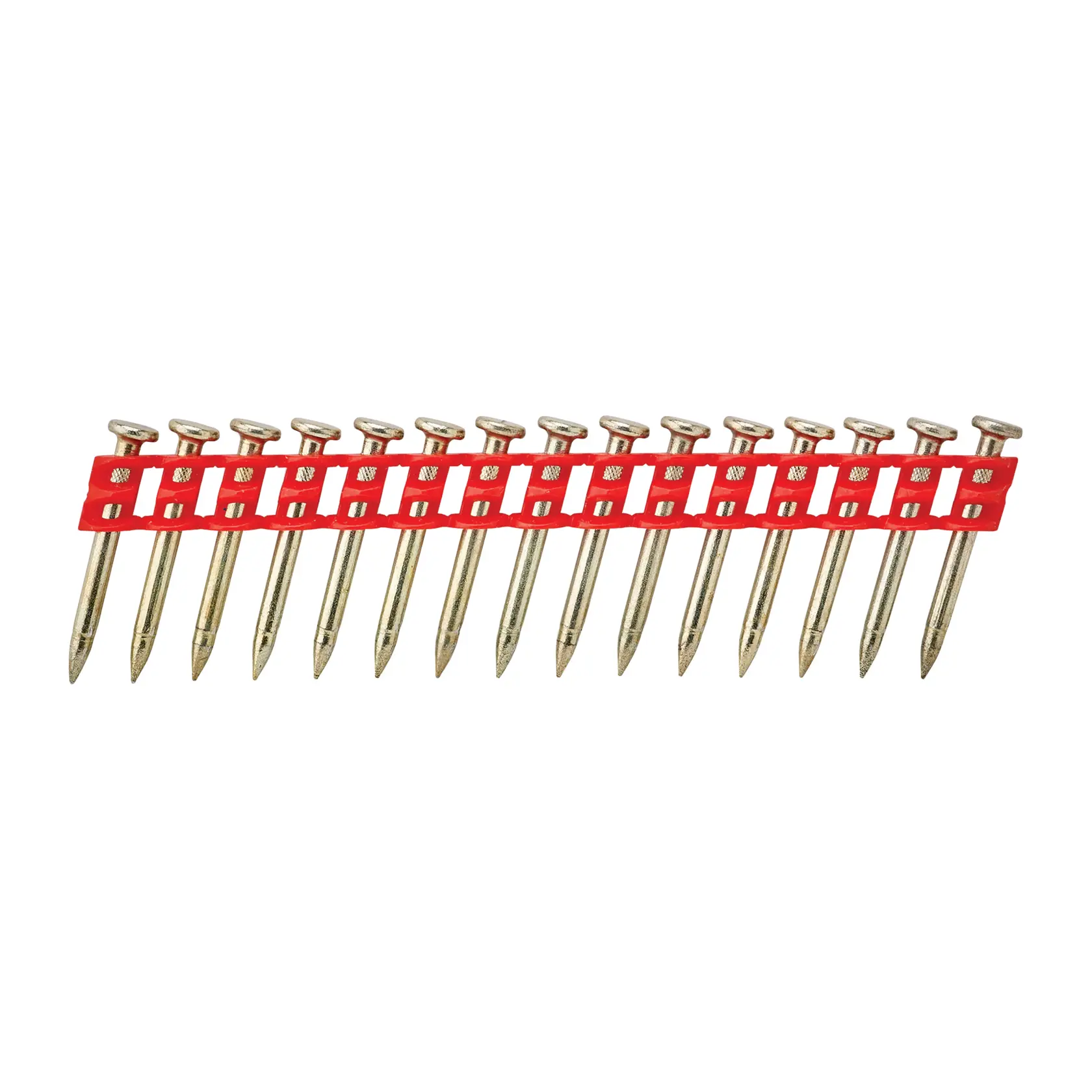 A strip of collated metal nails held together by a red plastic strip, arranged for use in a nail gun.