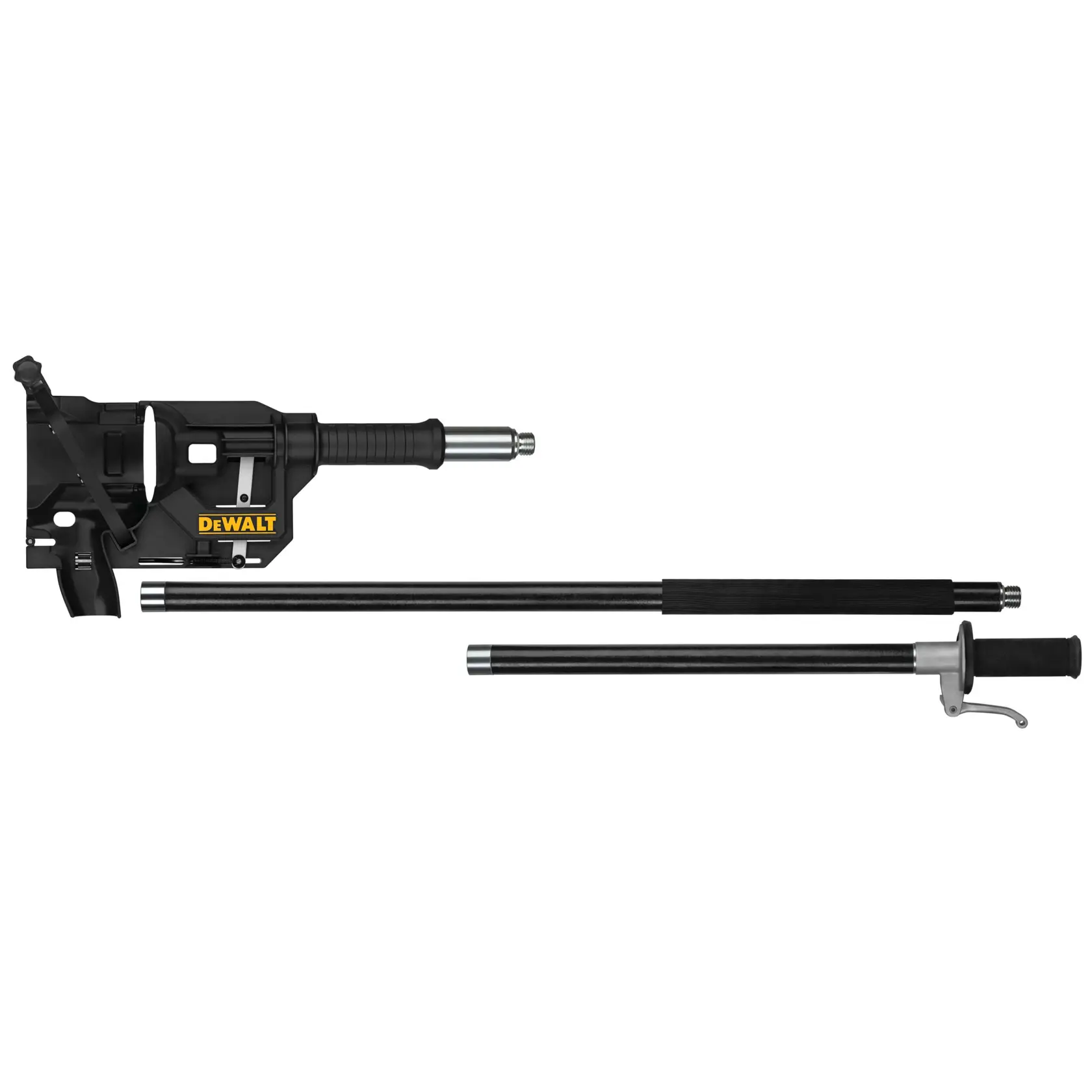 DEWALT DCN8905 extension pole set for power tools, shown with three components including a handle and two long extension poles, designed for enhanced reach in construction or installation tasks.