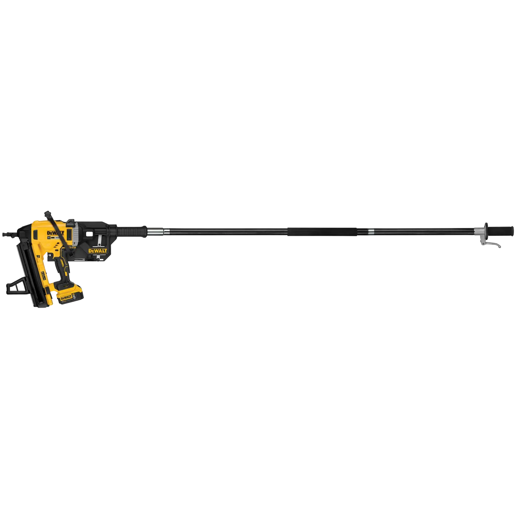 A DEWALT nail gun with an extended pole attachment, designed for overhead fastening or installing materials in hard-to-reach areas.