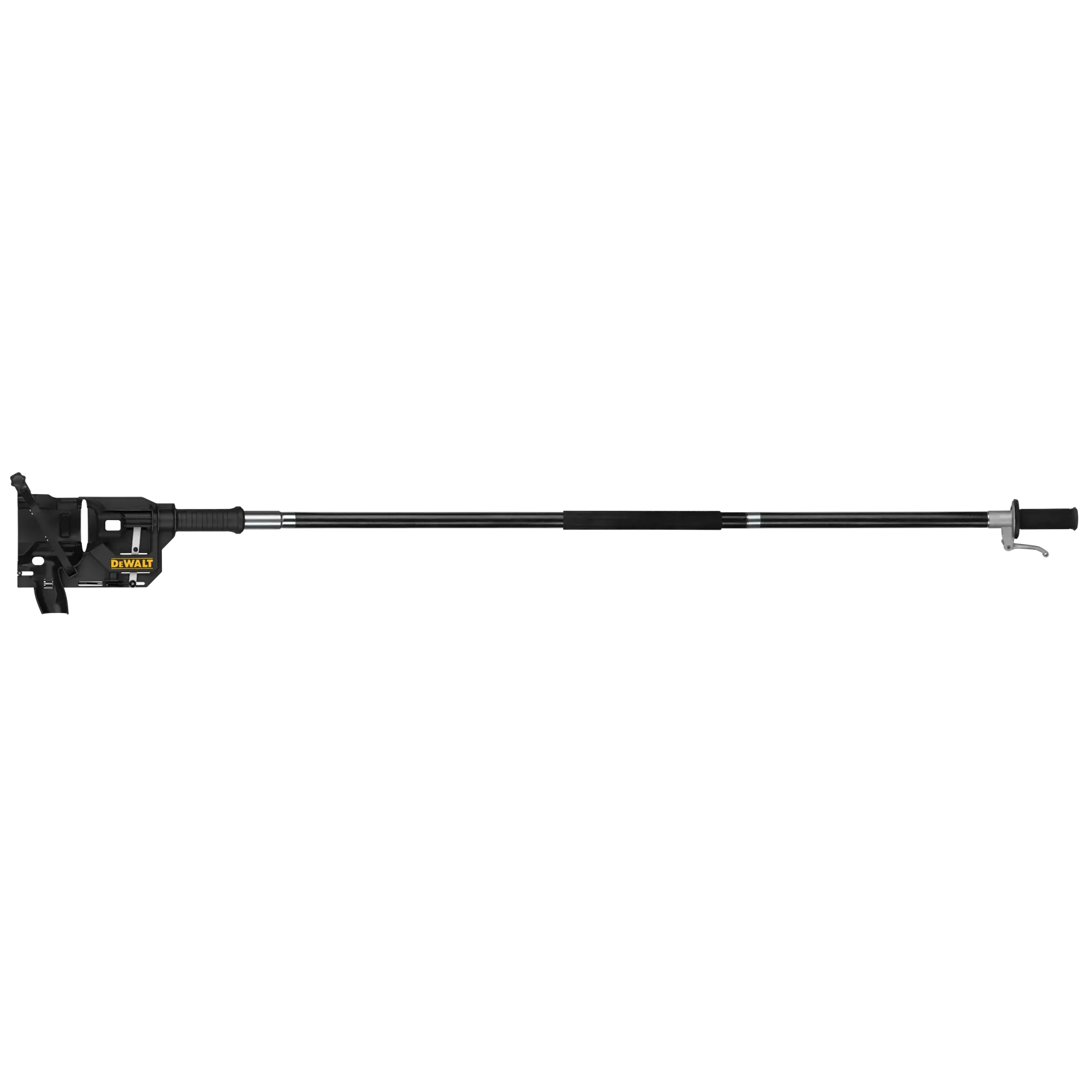 A DEWALT long, black pole attachment tool with a handle grip on the left and a padded section in the middle, designed for use with compatible DEWALT equipment.