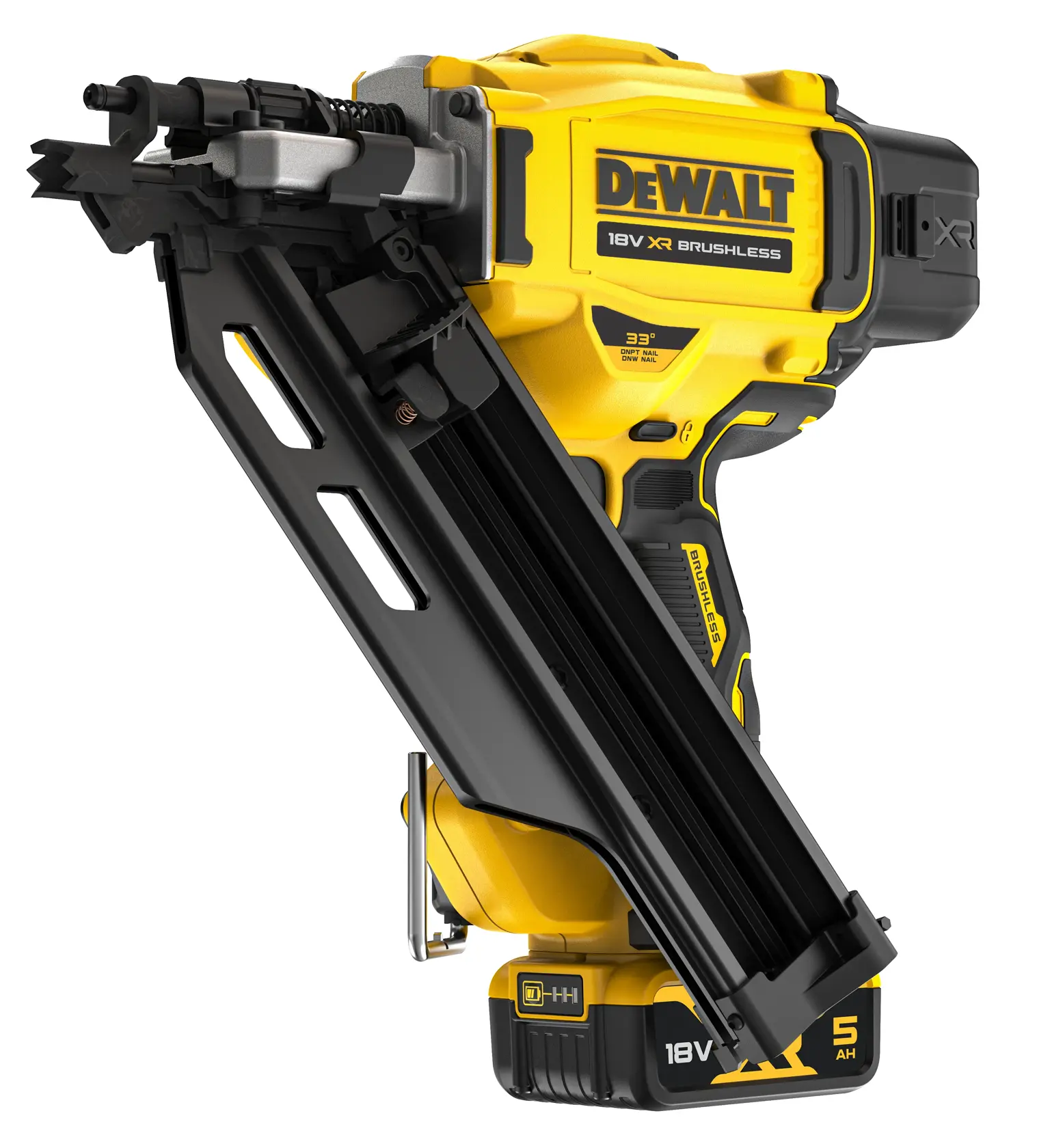 Yellow DEWALT 18V XR brushless nail gun shown angled with visible battery and magazine.