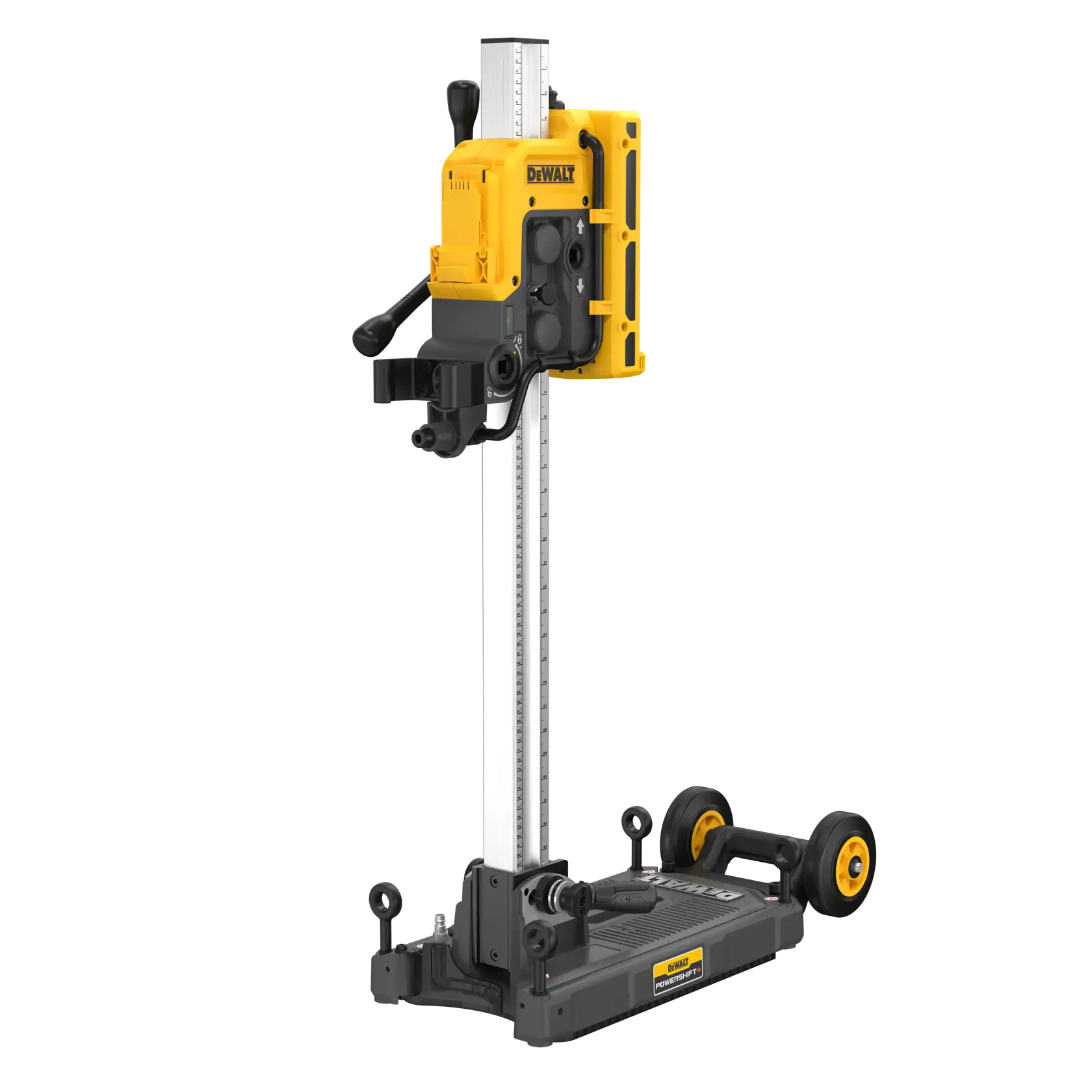 Une machine de carottage DEWALT avec une unité moteur jaune montée sur un rail métallique vertical et une base avec roues pour mobilité.