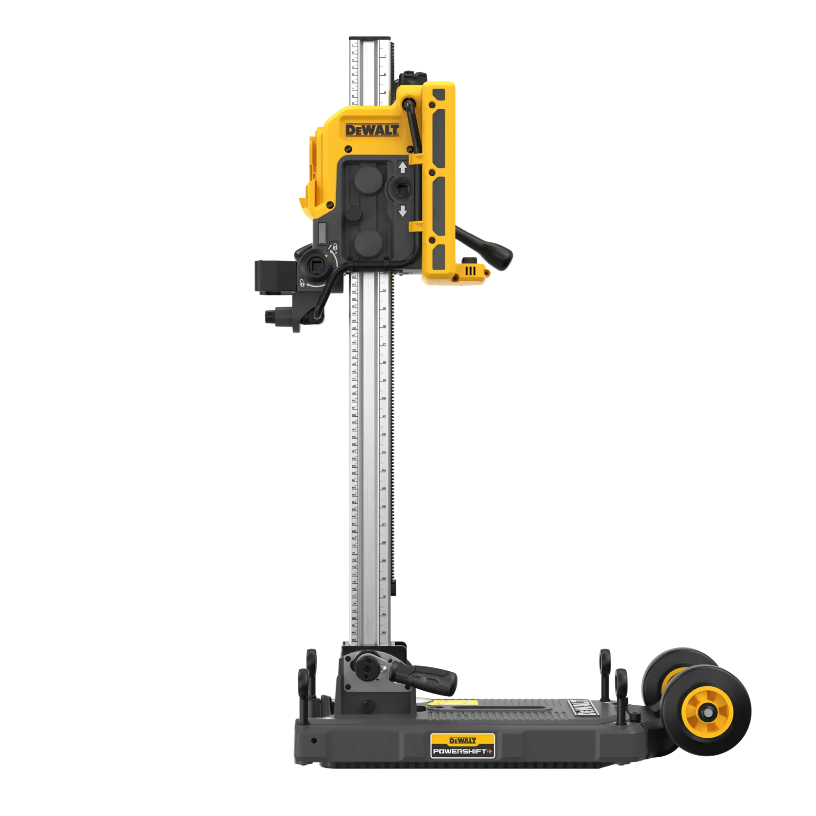 Un outil de photographie DEWALT DCPS151, présentant un appareil jaune et noir monté verticalement sur un support métallique avec des roues à la base. L'outil semble conçu pour des tâches de précision et est présenté sur fond blanc.