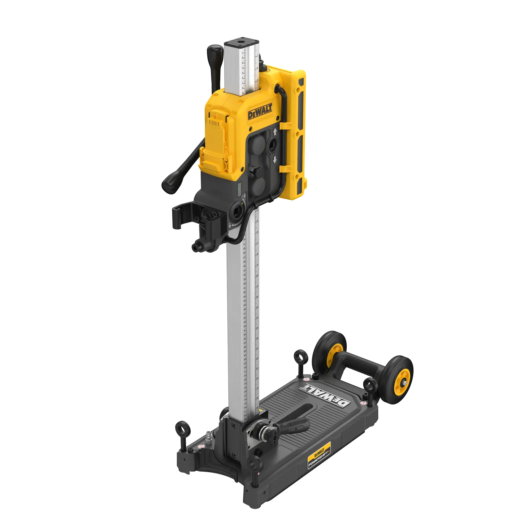 Un outil de photographie DEWALT DCPS151 est représenté, doté d'une base robuste avec des roues, d'une colonne verticale réglable et d'un mécanisme jaune et noir pour un positionnement précis.