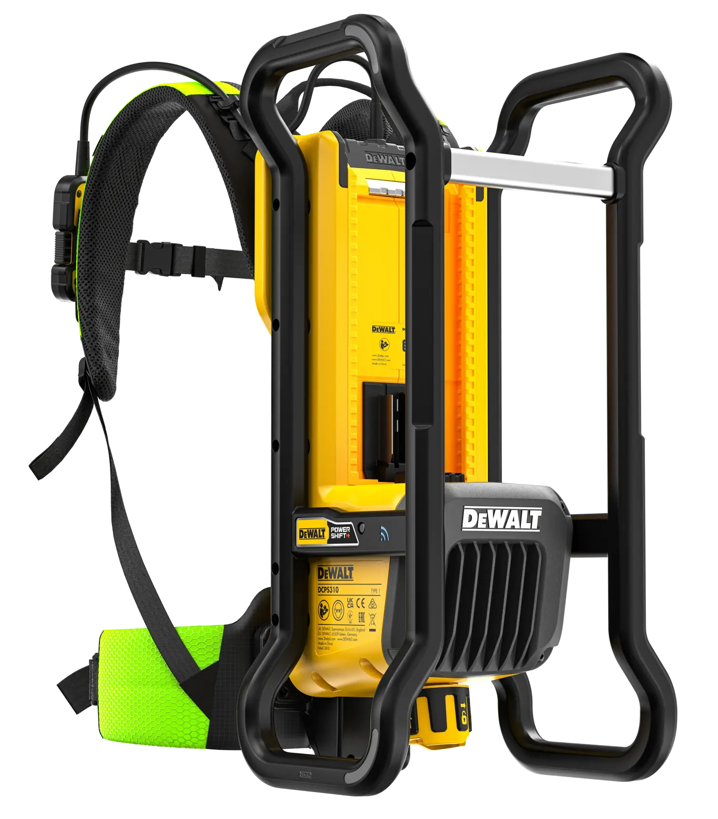 A DEWALT DCPS310N yellow and black power tool with a backpack-style harness, featuring robust handles and protective casing, intended for heavy-duty professional use.