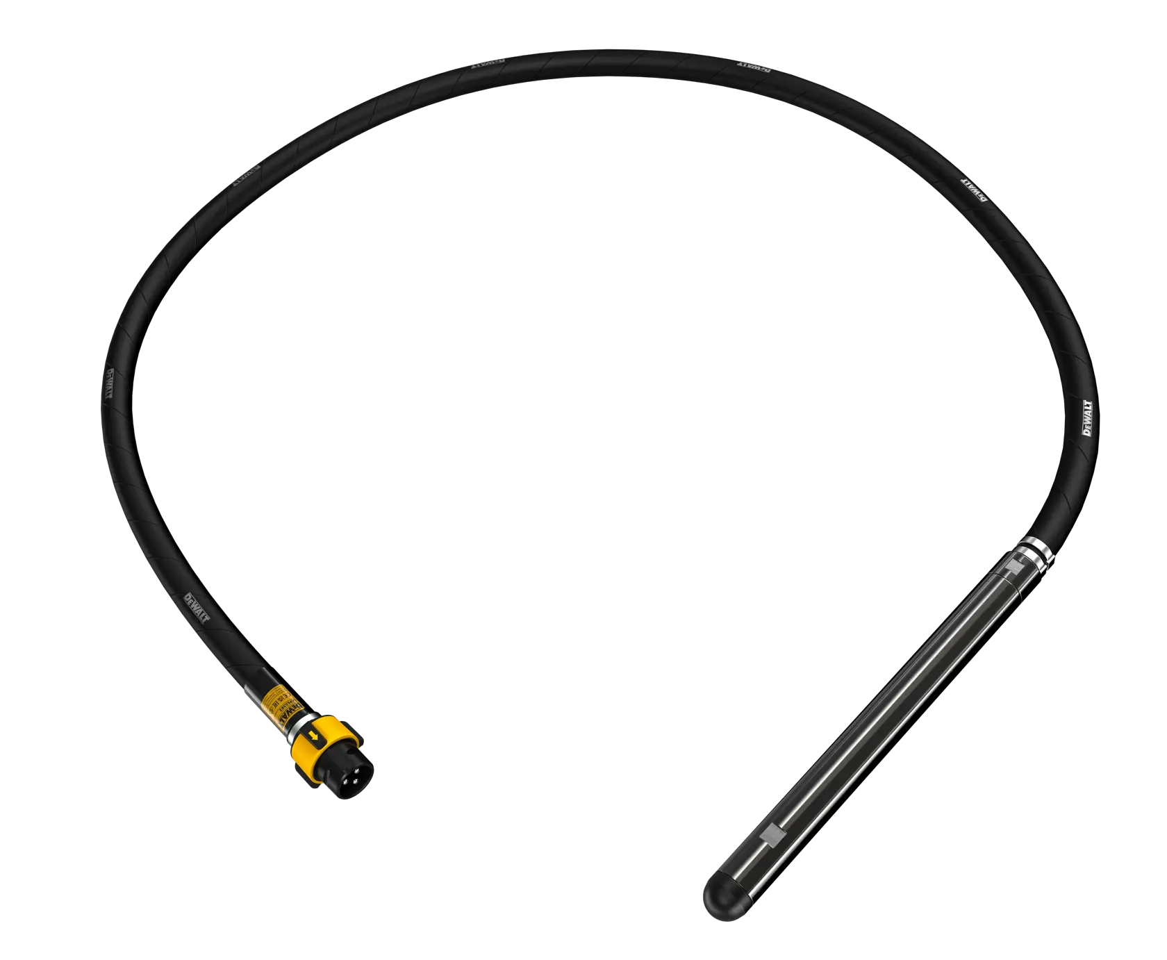 A DEWALT DCPS3382 concrete vibrator with a long flexible black shaft and a cylindrical vibrating head, photographed on a white background.