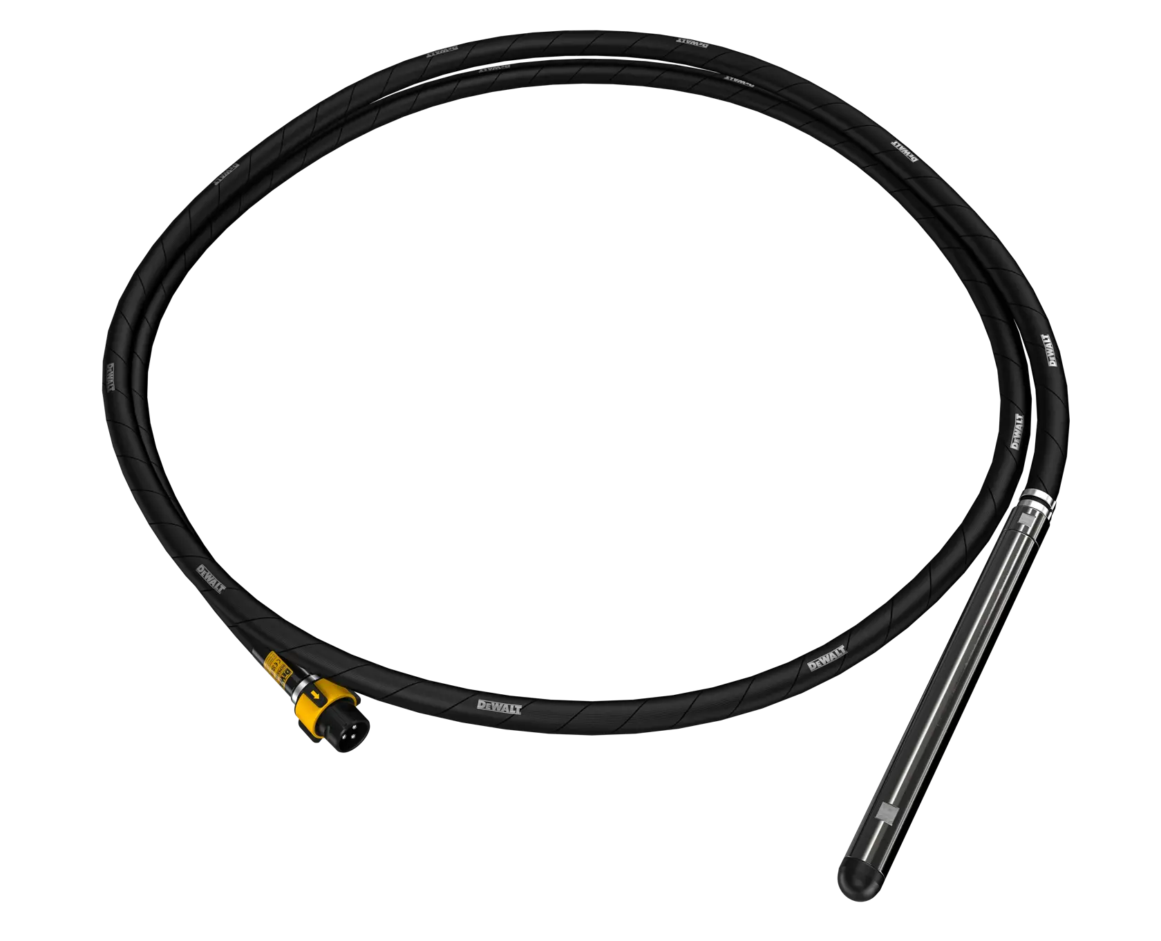 DEWALT DCPS3385 black flexible shaft with yellow connector and metal probe, coiled in a circle.