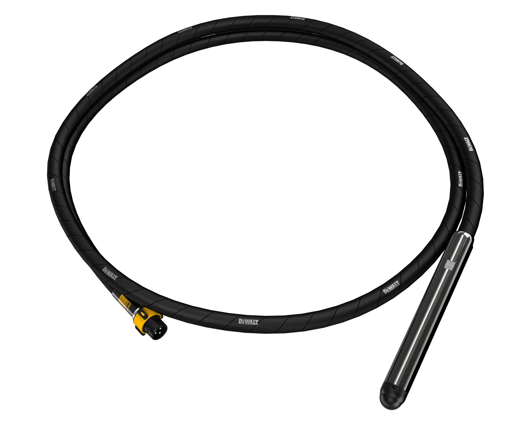 DEWALT DCPS3505 black concrete vibrator with cylindrical head and cable, isolated on white background.