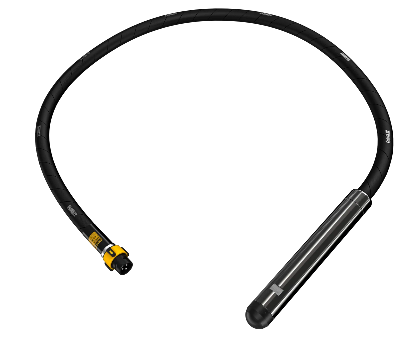 A DEWALT concrete vibrator with a long flexible black shaft and a cylindrical metal vibrating head, shown against a white background.