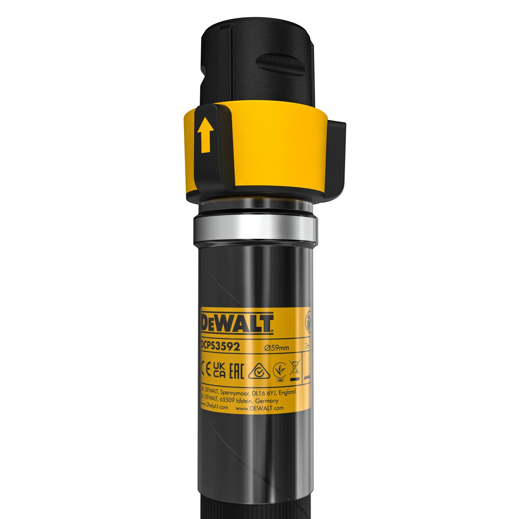A DEWALT concrete vibrator with a long flexible black shaft and a cylindrical metal vibrating head, shown against a white background.
