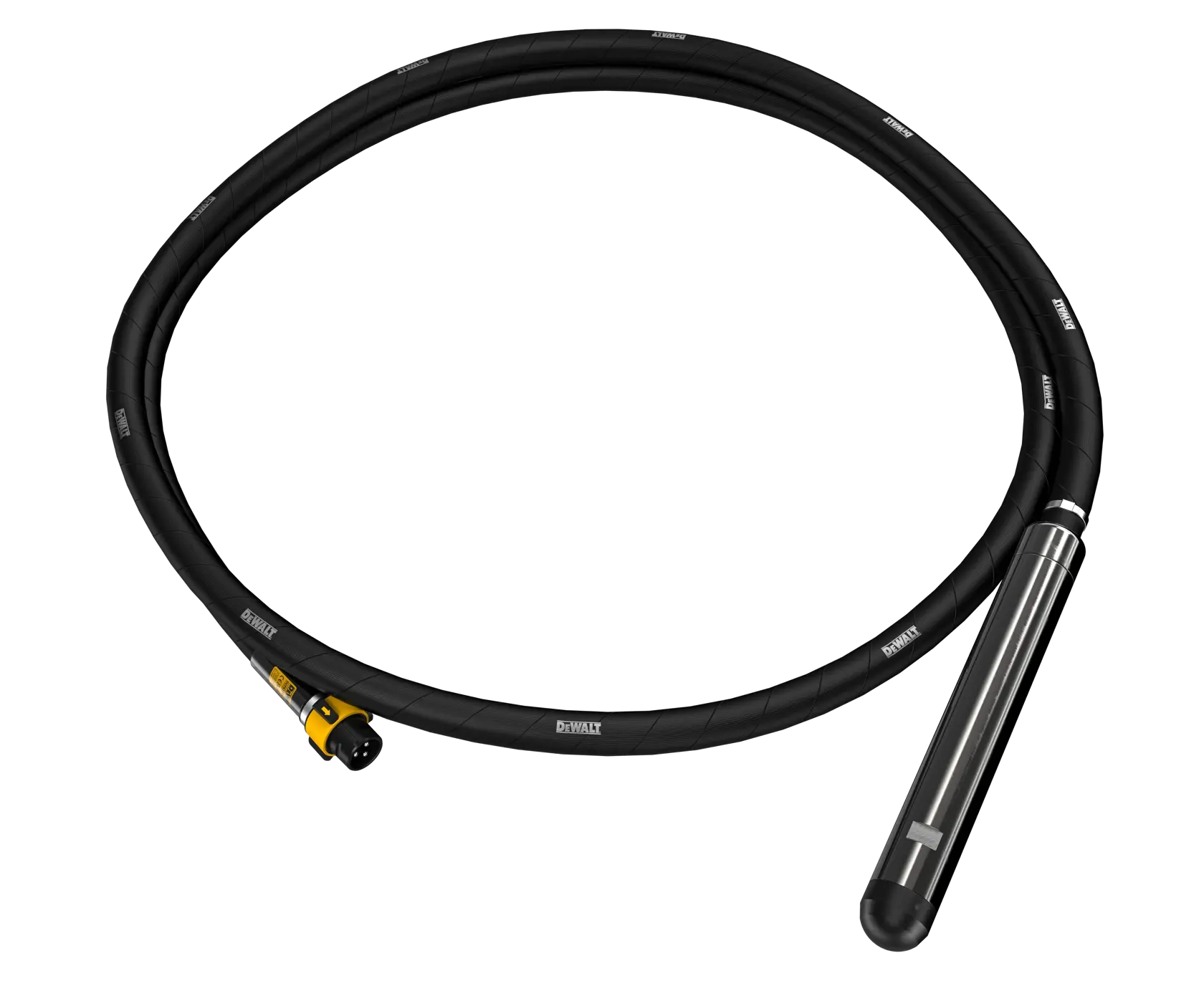 A DEWALT concrete vibrator attachment with a long black flexible hose and metallic cylindrical vibrating head, shown coiled against a white background.