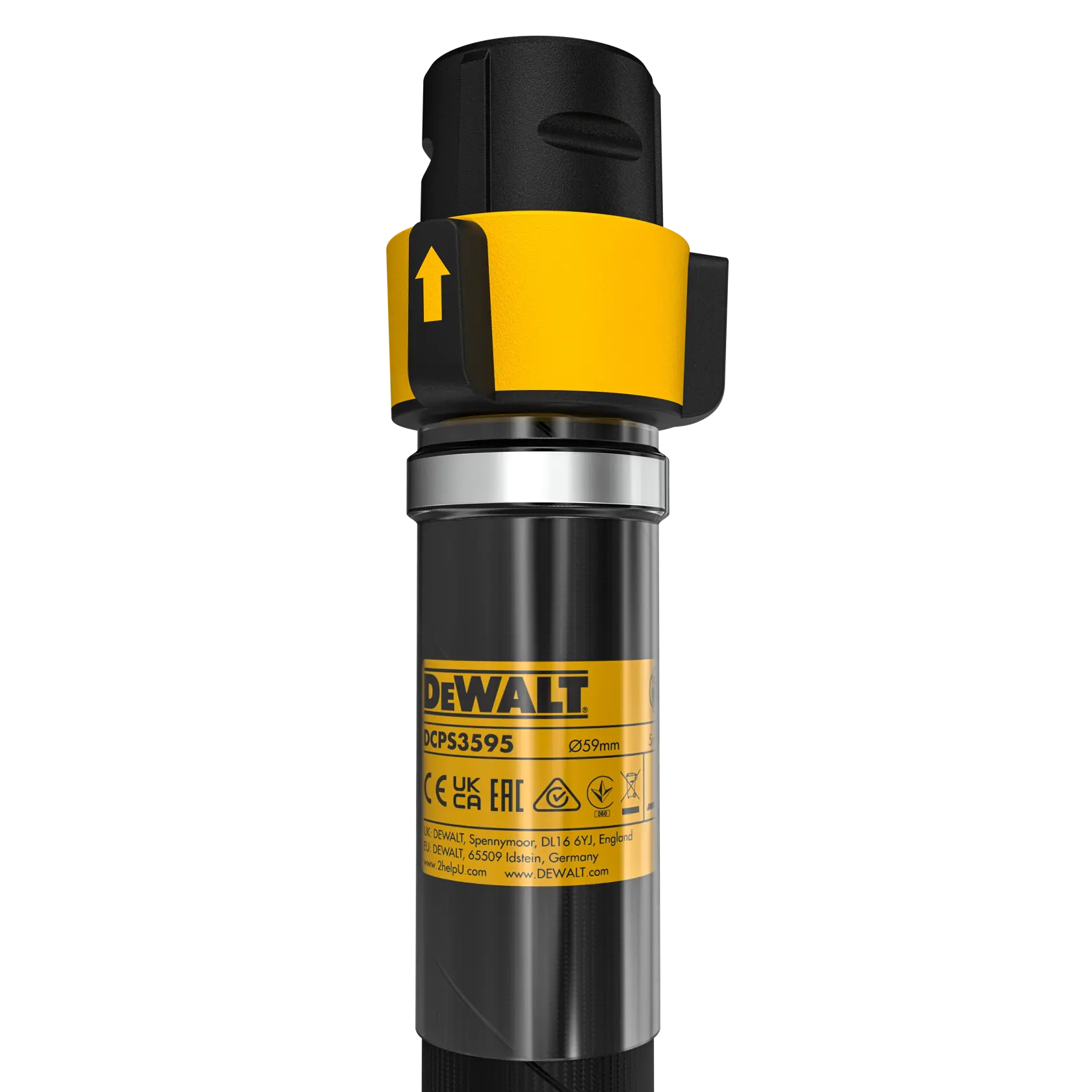 A DEWALT concrete vibrator attachment with a long black flexible hose and metallic cylindrical vibrating head, shown coiled against a white background.