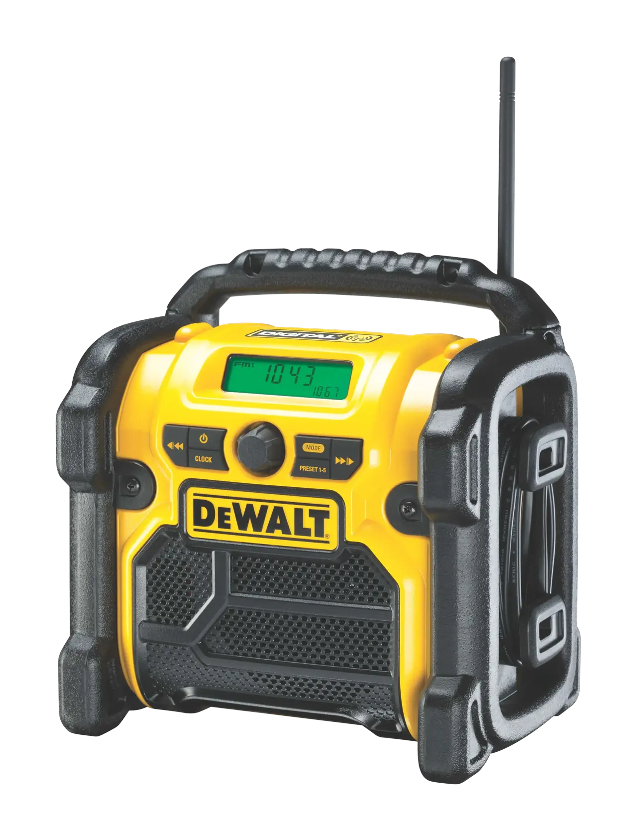 DEWALT DCR020 yellow rugged portable radio with digital display, black trim, handle, and antenna.