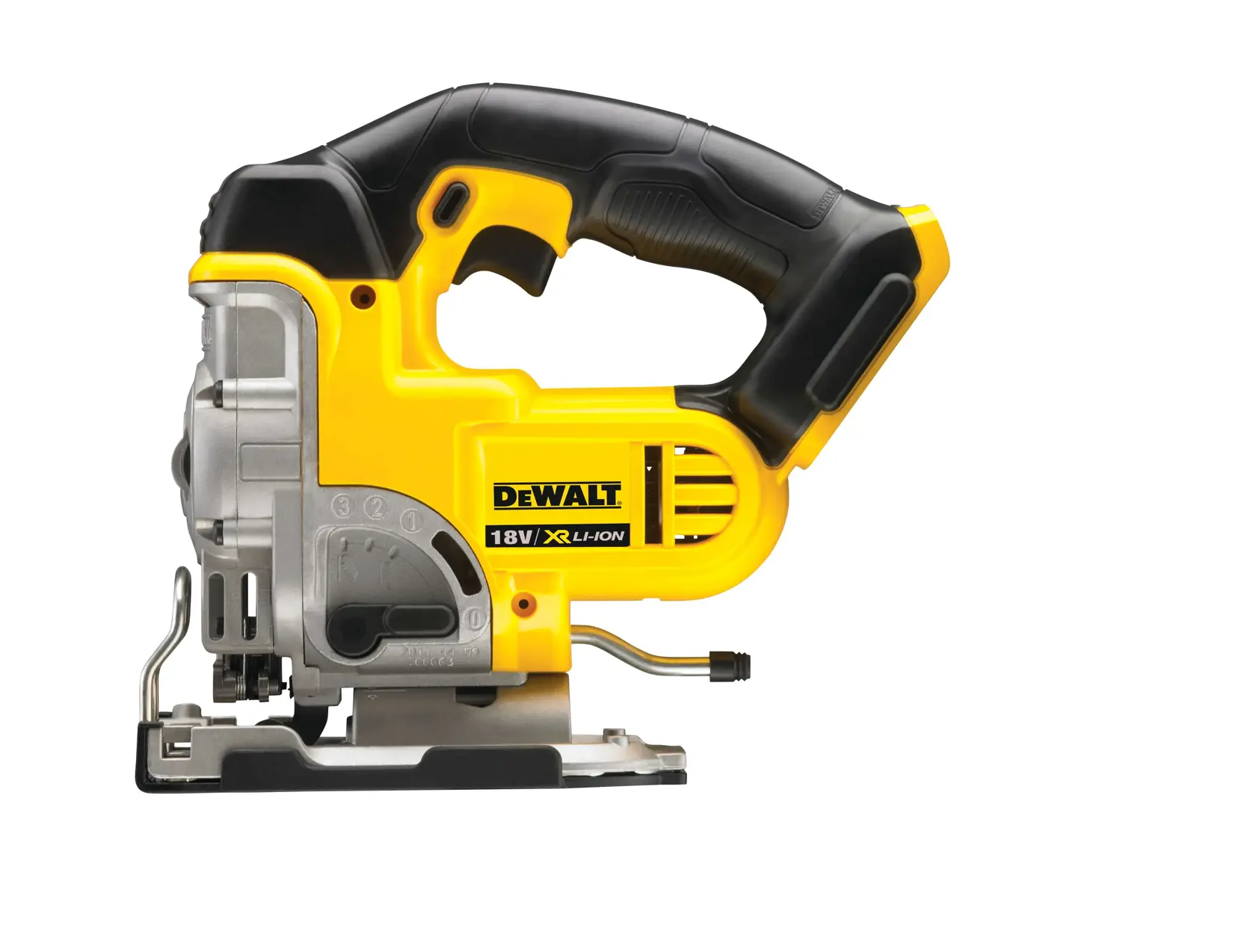 DEWALT DCS331N 18V cordless jigsaw with ergonomic handle and yellow-black design, side view on white background.