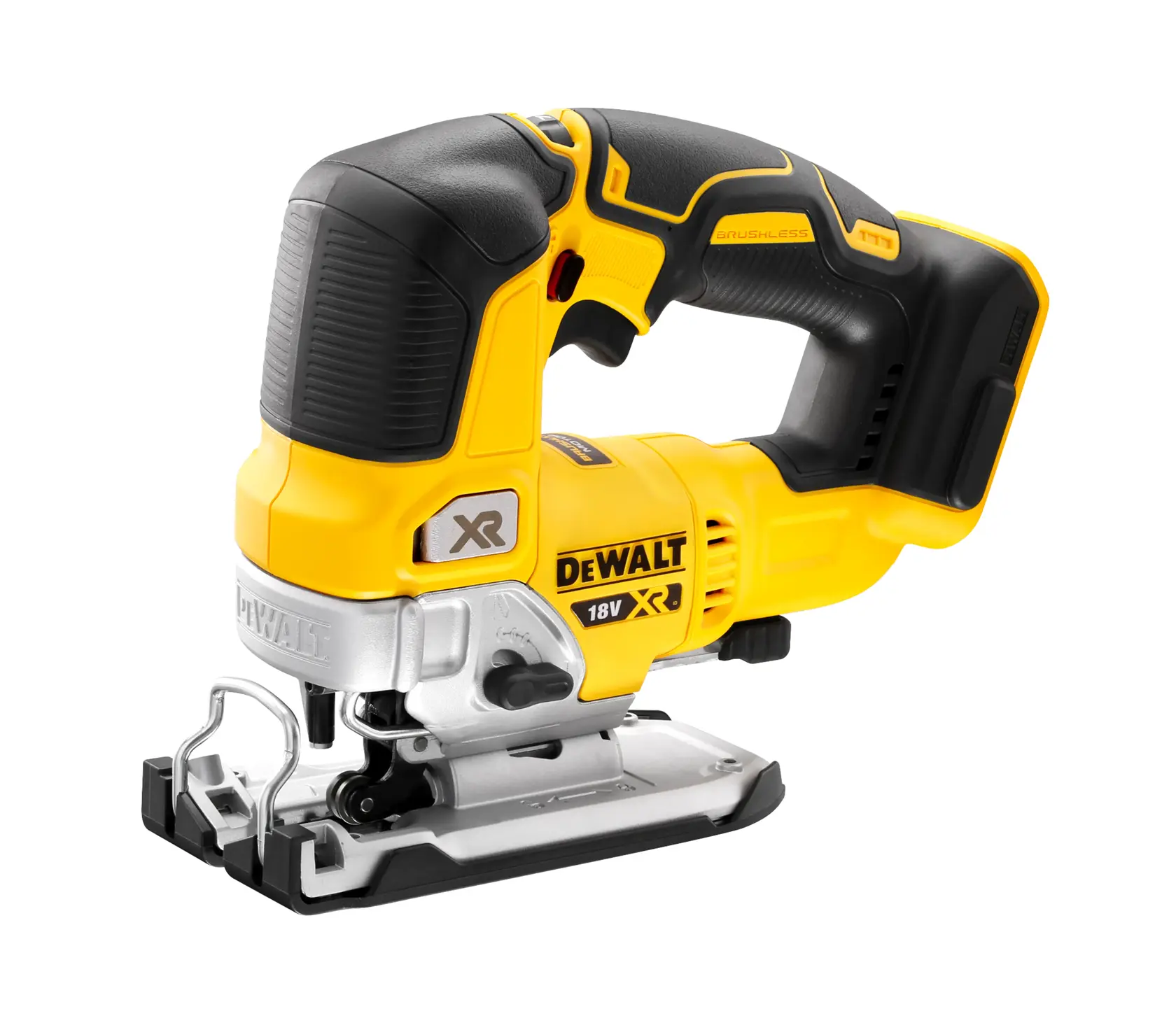 Cordless DEWALT 18V XR jigsaw with a brushless motor, yellow and black, ergonomic handle, and metal base. Suitable for precision wood and metal cutting.