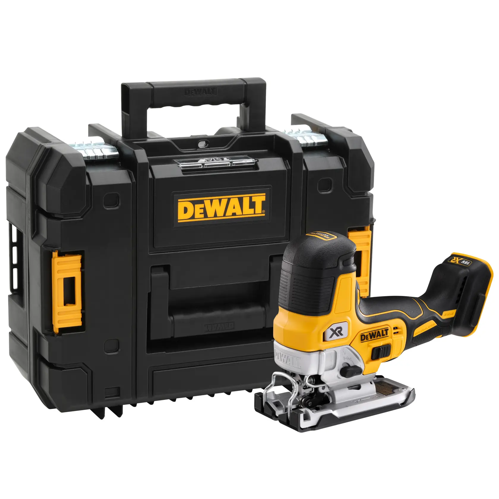 DEWALT cordless jigsaw with a black carrying case, both featuring yellow brand logos.