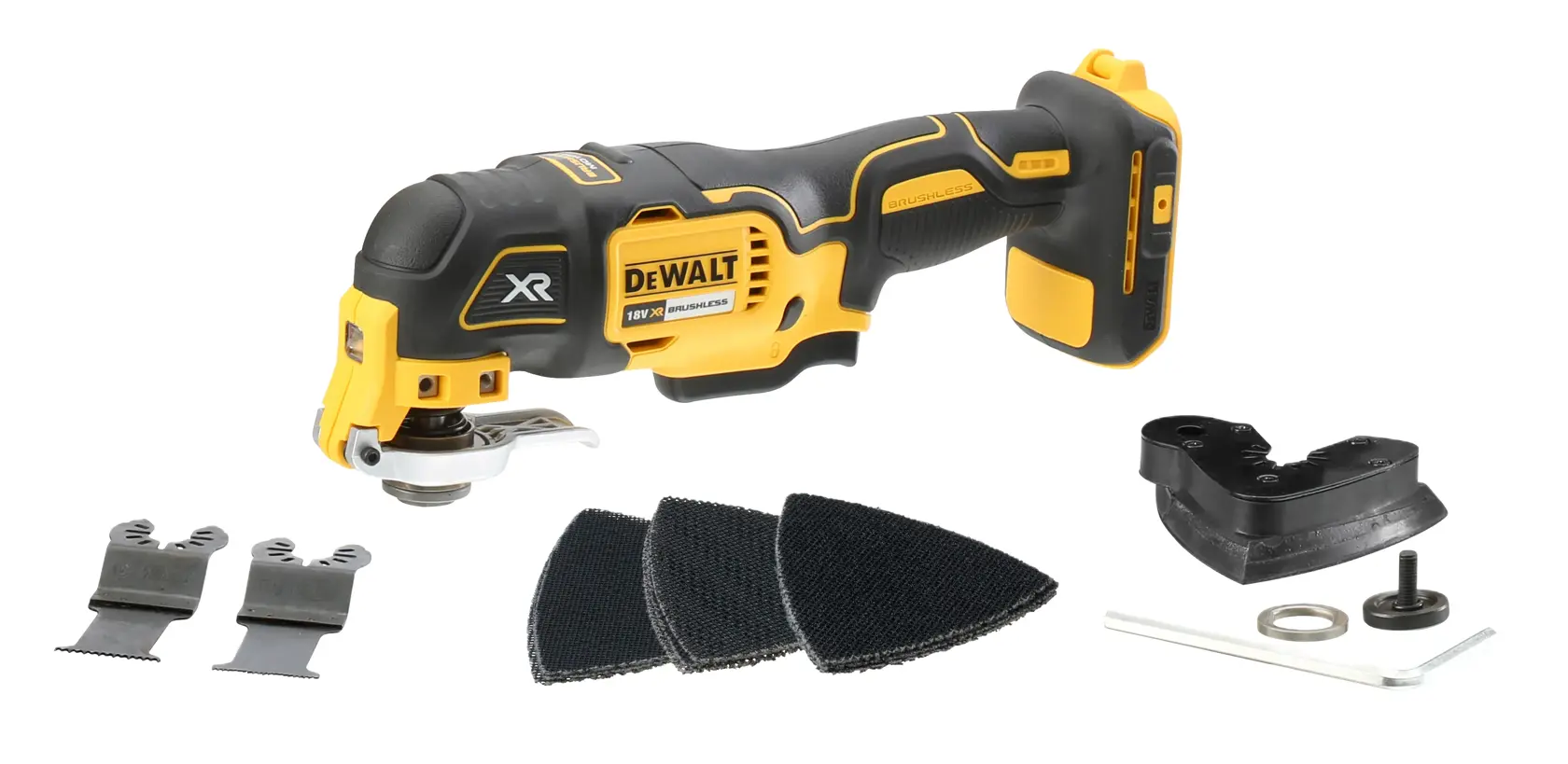 DEWALT cordless oscillating multi-tool DCS355N-XJ shown with accessories including sanding pads, two blades, a sanding attachment, and additional tool components. The tool is black and yellow.