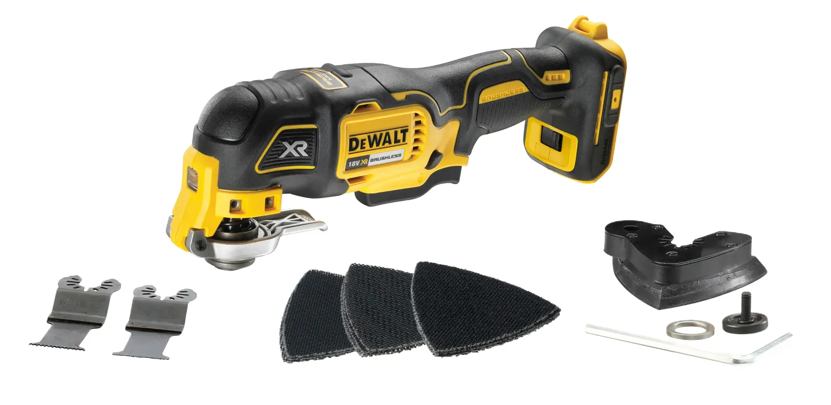 A DEWALT cordless oscillating multi-tool set with a black and yellow handle, displayed with a selection of accessories including two cutting blades, three sanding pads, a tool attachment, and additional small components.
