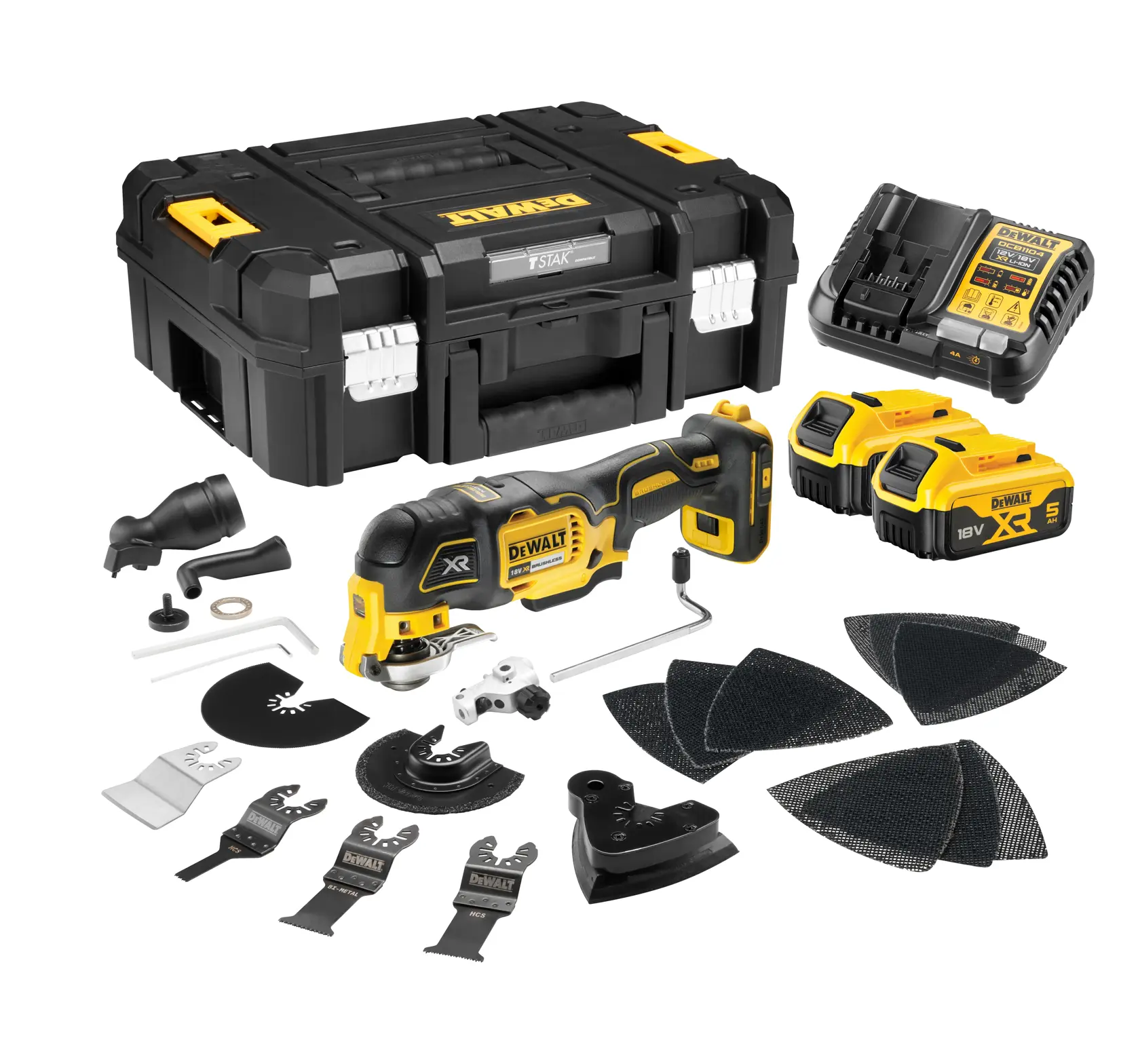DEWALT cordless multi-tool kit with case, charger, batteries, attachments, and sanding pads.