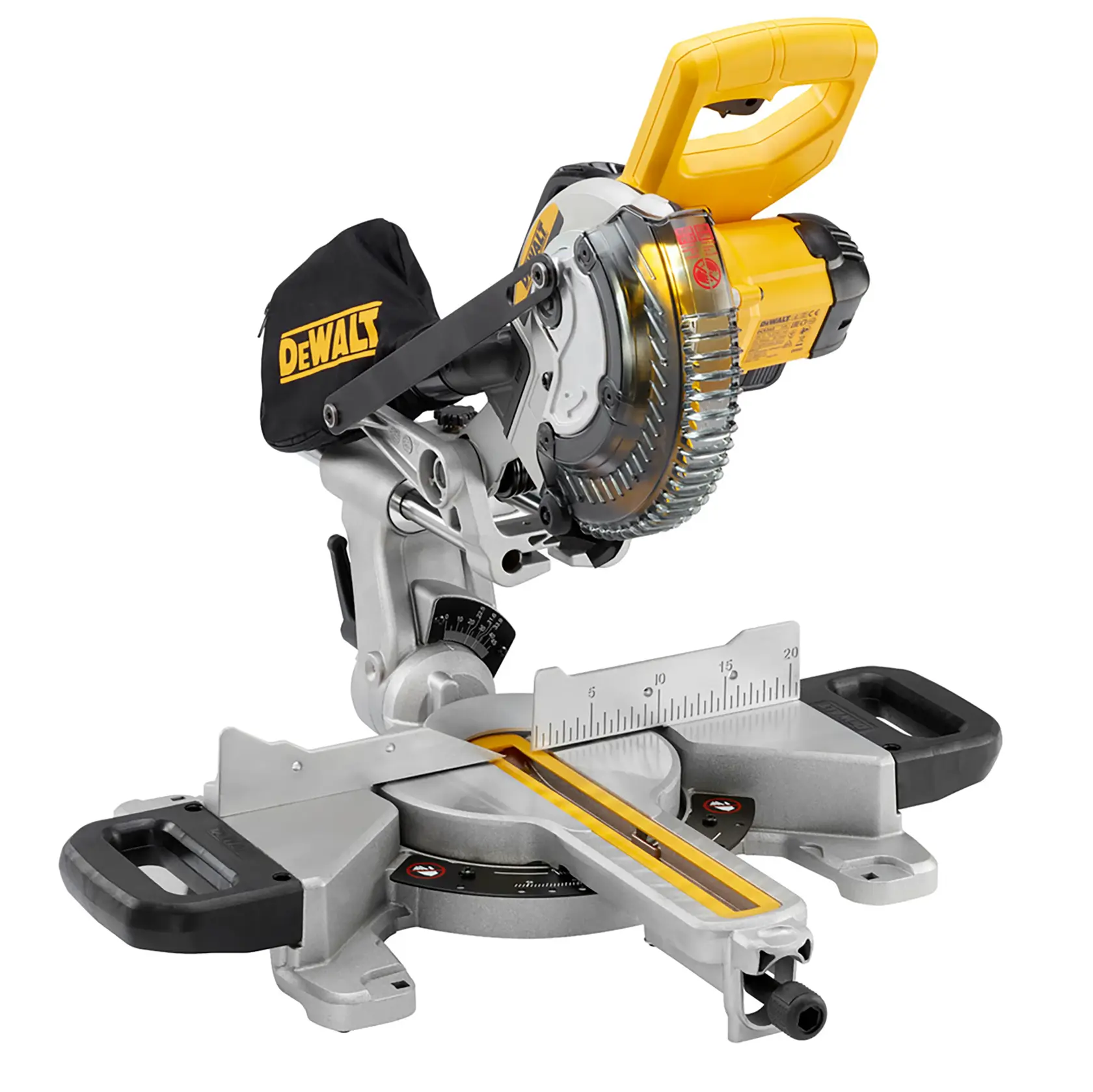 A DEWALT cordless mitre saw with a yellow and black handle, silver base, and precision angle guide. The saw blade is covered for safety and the dust bag features the DEWALT logo.