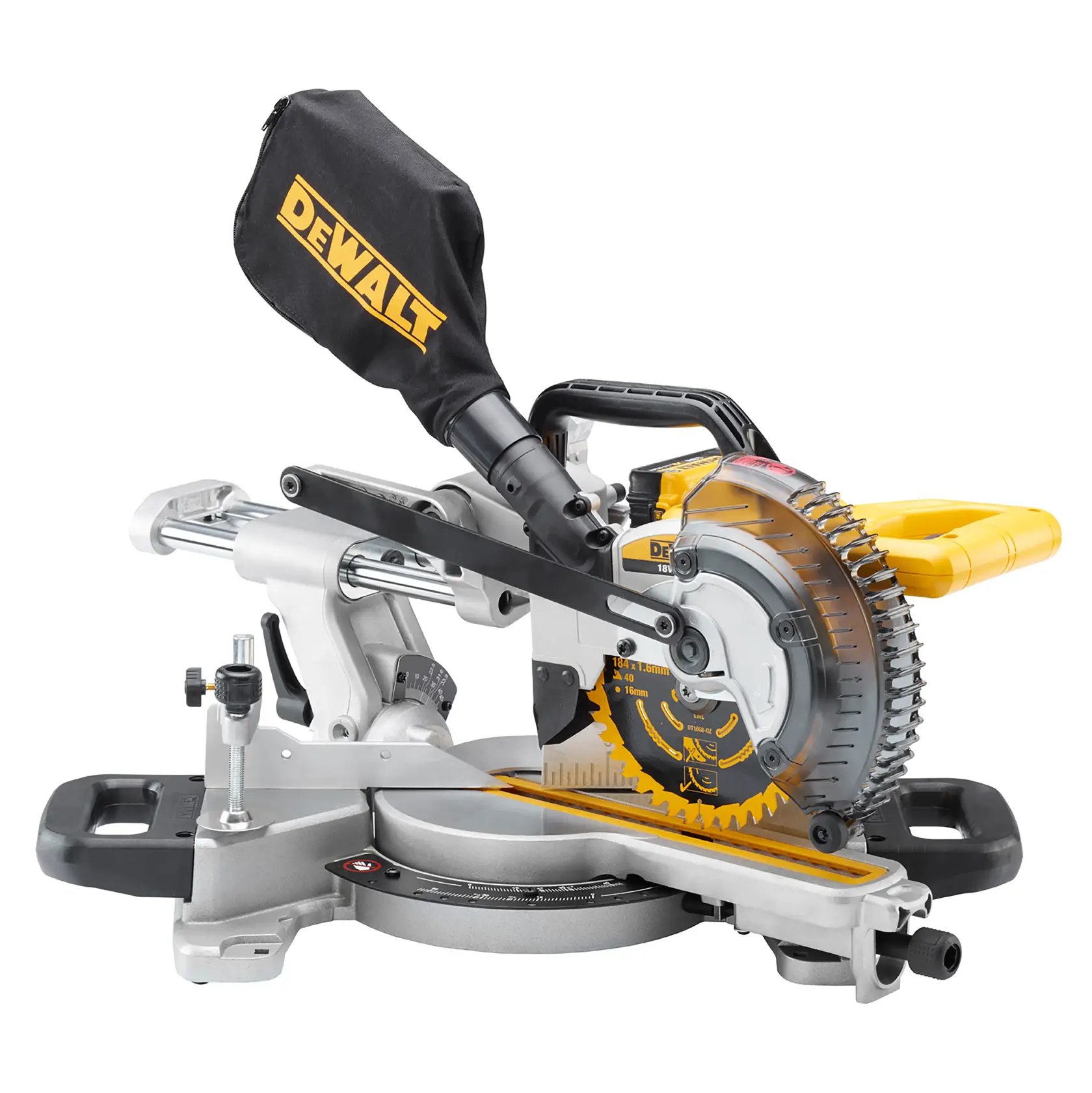 A DEWALT branded sliding compound miter saw with a yellow handle, dust collection bag, and a circular saw blade, designed for precision woodworking and cutting tasks.