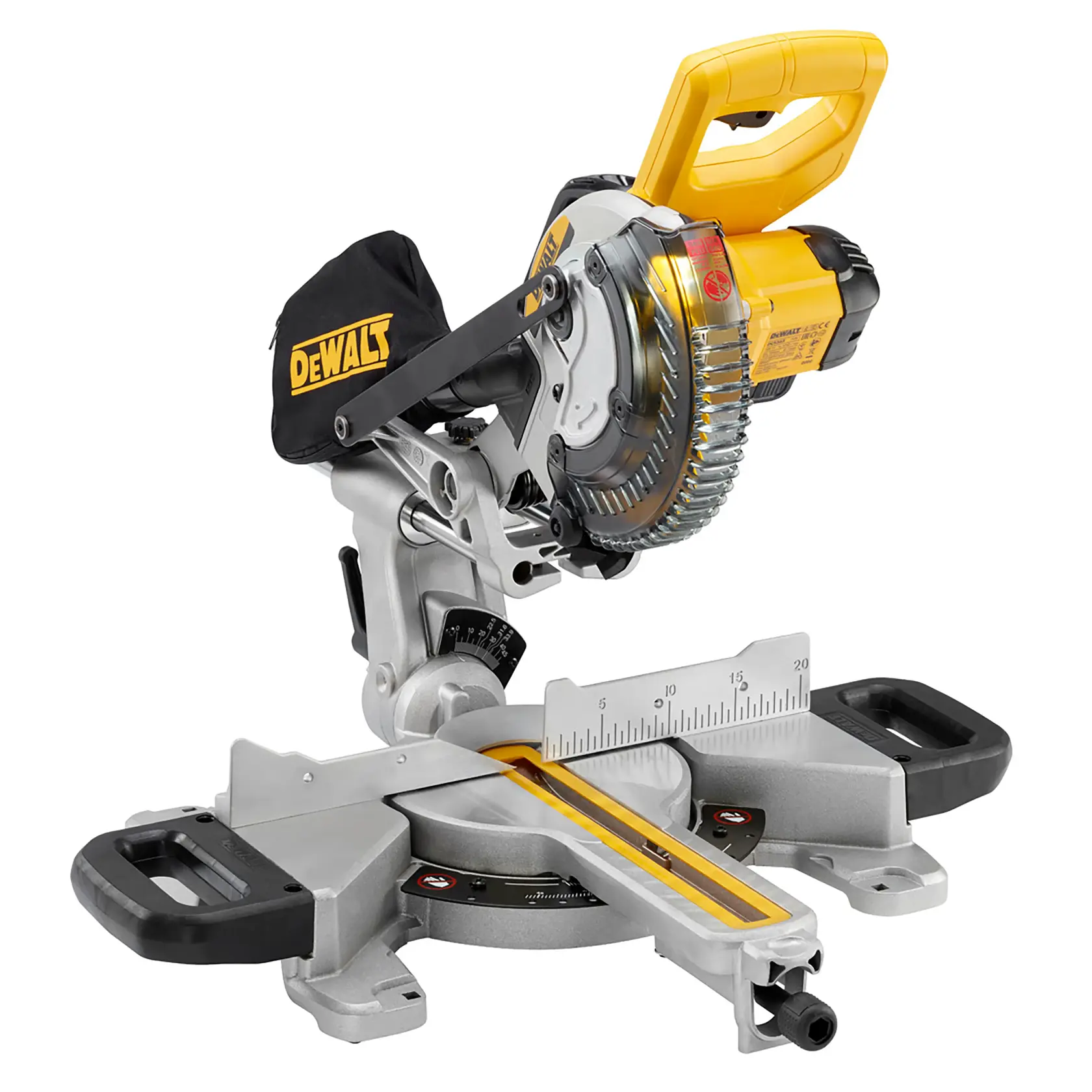 A DEWALT branded compound mitre saw featuring a yellow handle, dust bag, and adjustable cutting base with measurement markings.
