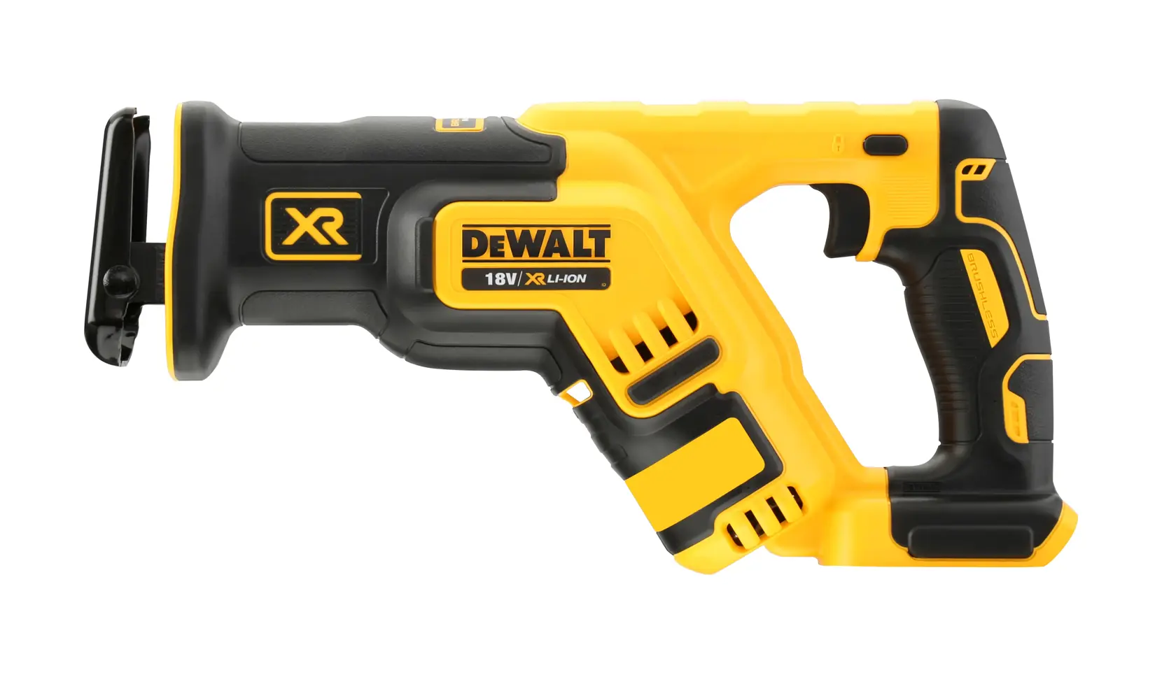 Cordless yellow and black DEWALT 18V reciprocating saw shown on a white background.