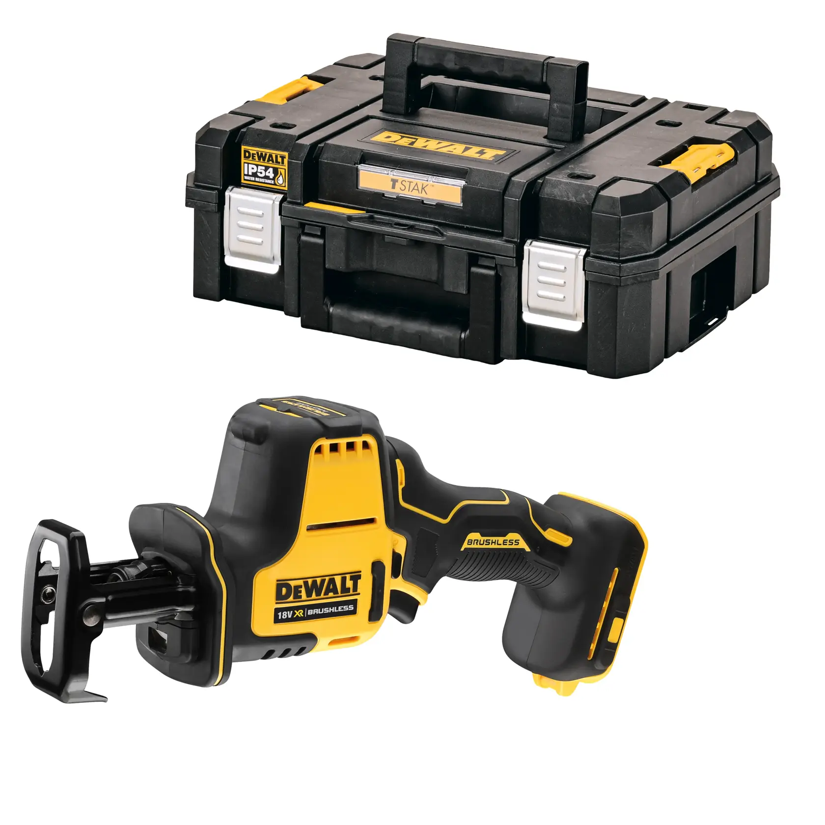 DEWALT 18V XR cordless reciprocating saw with brushless motor and battery, black and yellow.