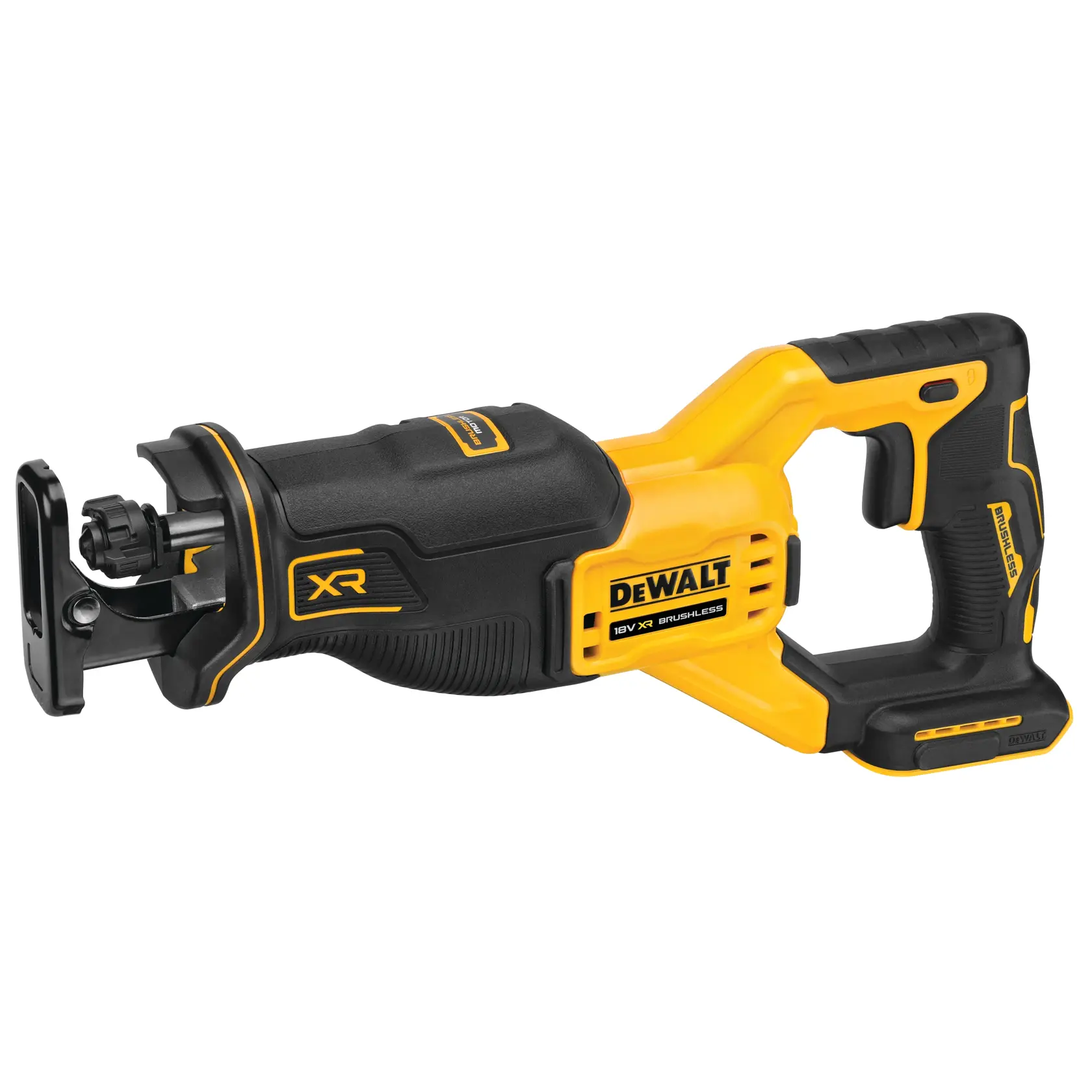 A DEWALT DCS382N cordless reciprocating saw with a yellow and black design, featuring a brushless XR motor and ergonomic handle.