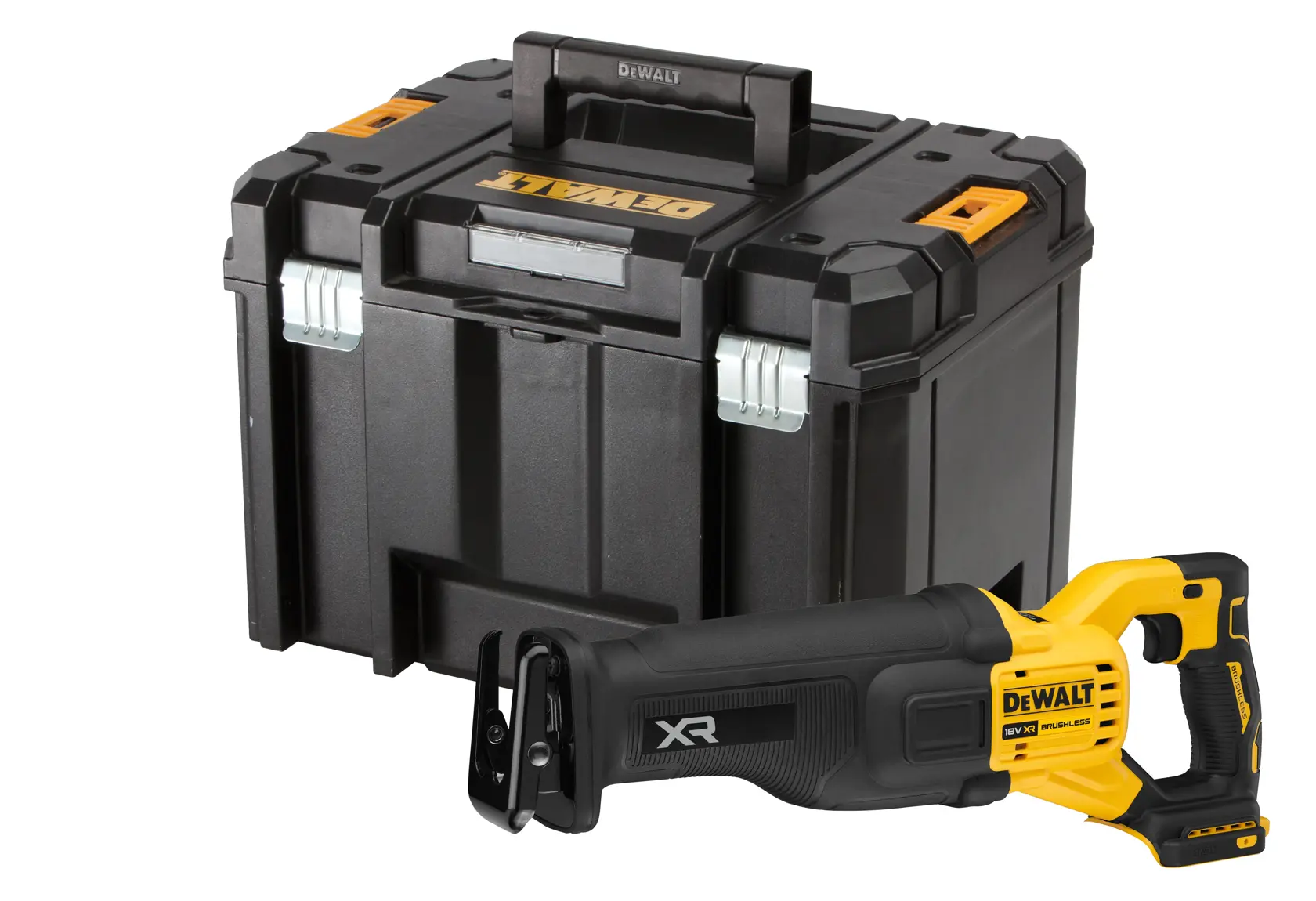 DEWALT reciprocating saw with a black storage case, both shown against a white background.