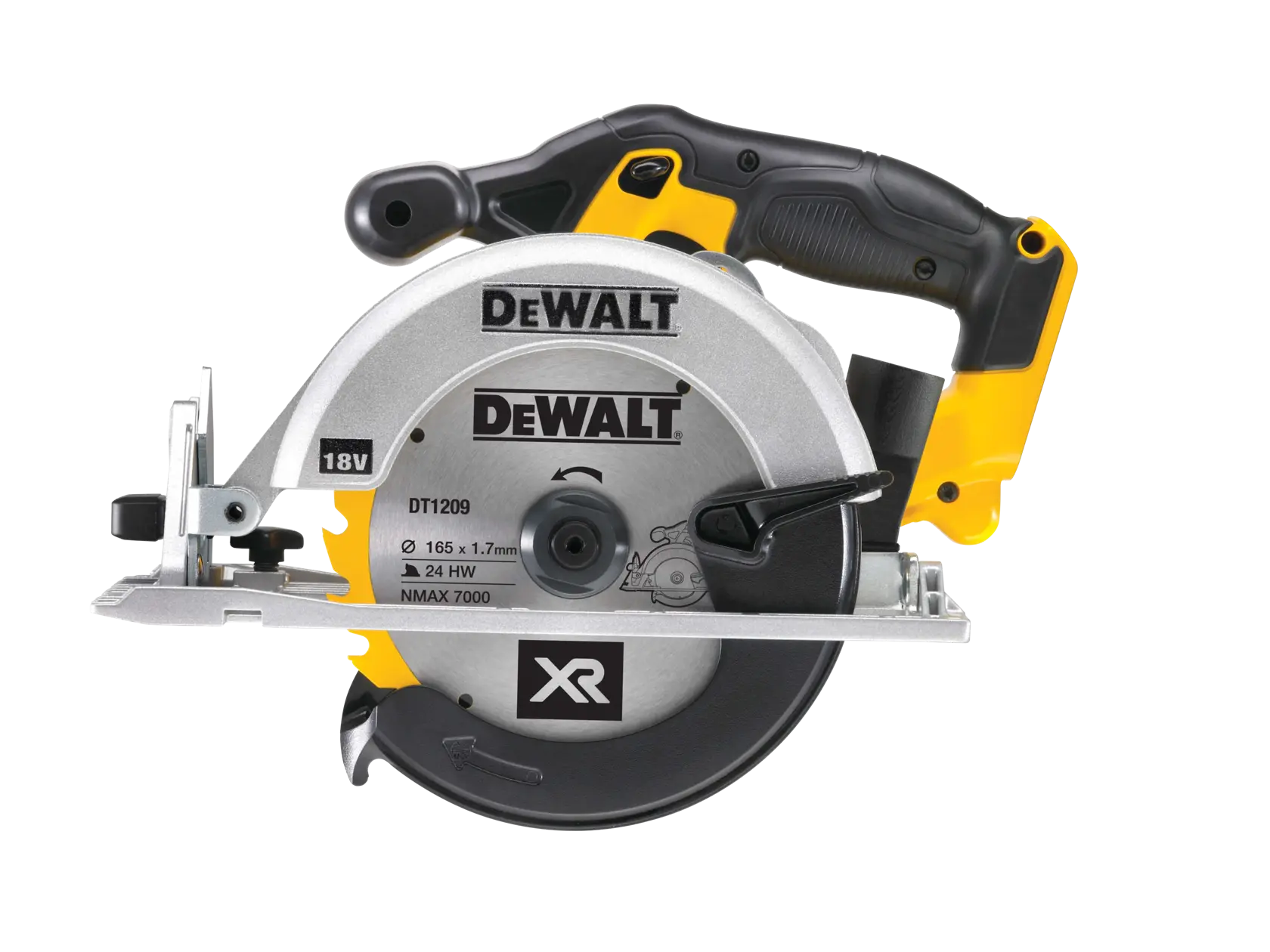DEWALT circular saw, photography product, SKUs DCS391N-XJ, DCS391N, DCZ801P3-XE. Black/yellow handle.