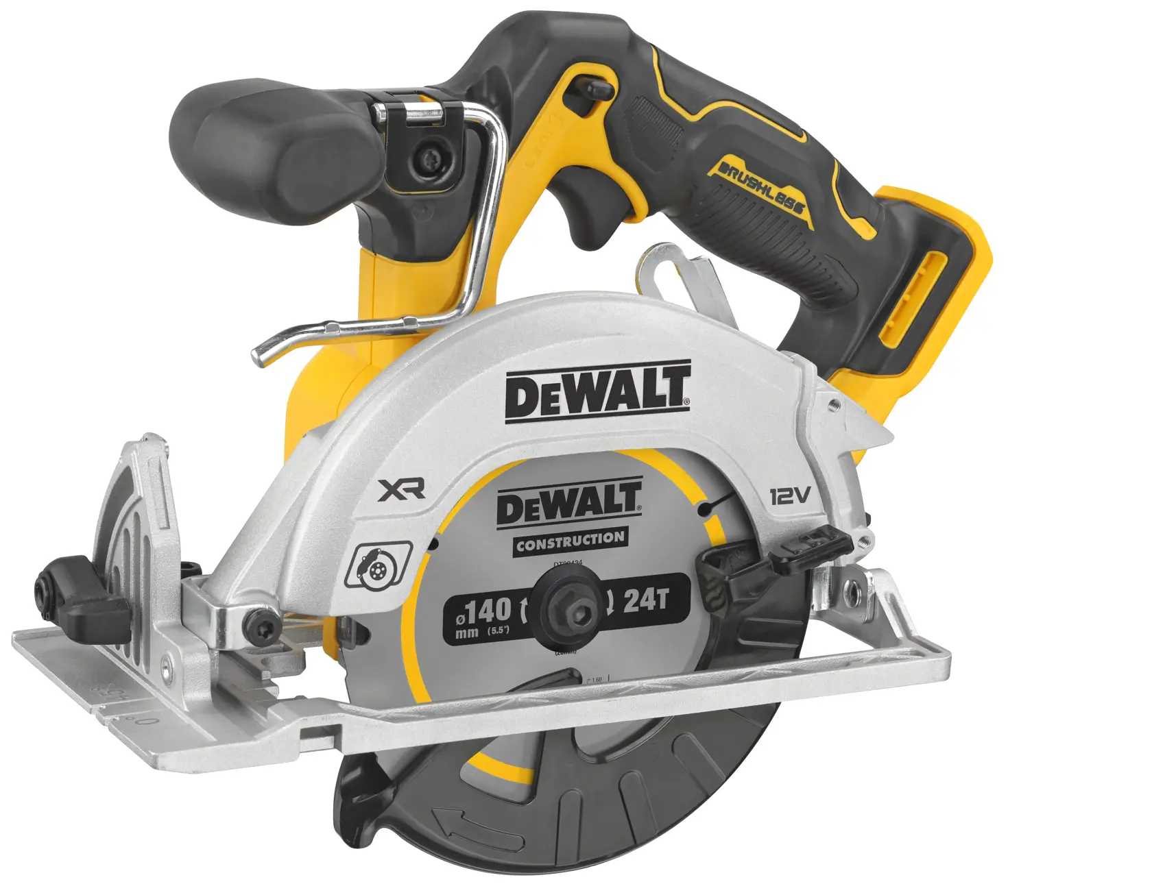 A DEWALT 12V cordless circular saw, model DCS512N, featuring a compact design with a black and yellow handle, silver blade guard, and construction-grade saw blade.