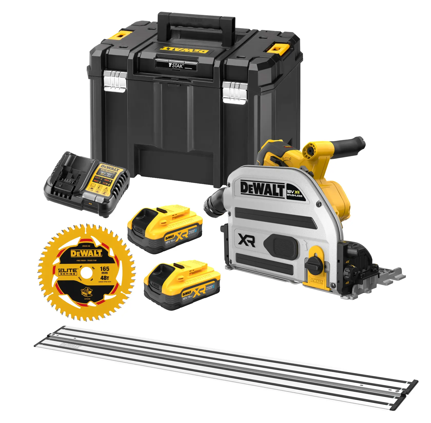 DEWALT cordless plunge saw kit with case, charger, two batteries, blade, and guide rails.