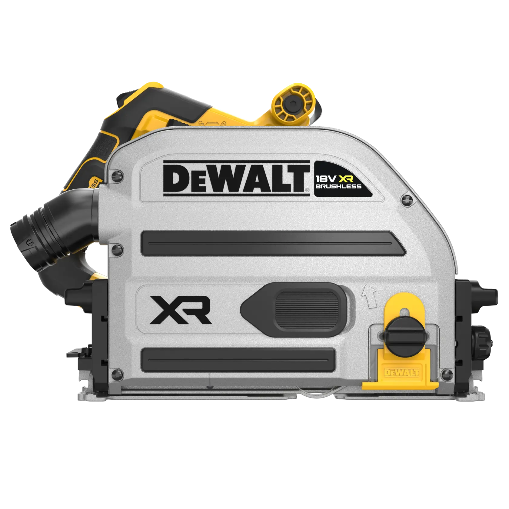 DEWALT 18V XR Brushless track saw with silver casing and yellow-black detailing, side view.