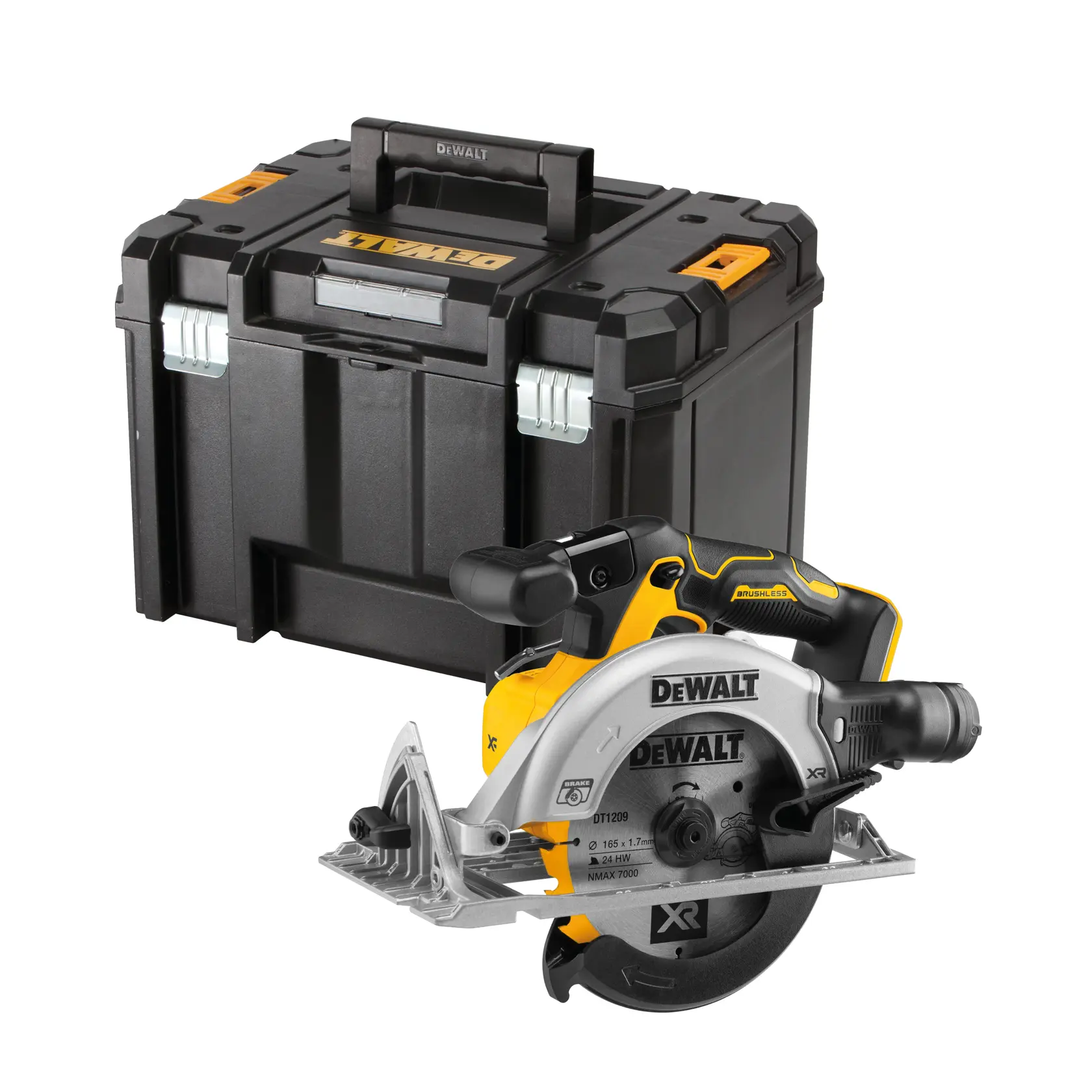 A DEWALT cordless circular saw with a brushless motor, featuring a yellow and black design. The saw blade is partially covered by a protective guard and the DEWALT logo is prominently displayed on the body.
