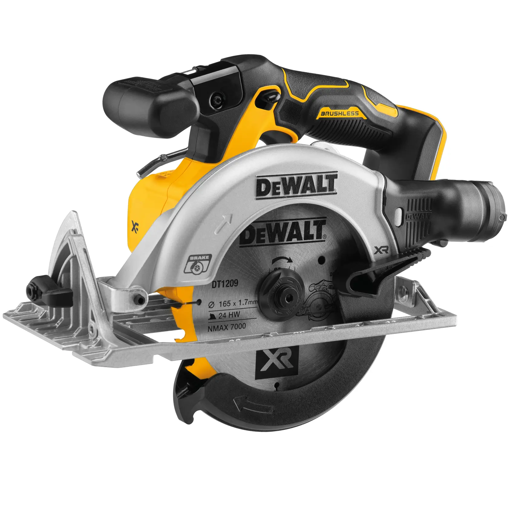 DEWALT DCS565N cordless circular saw with brushless motor and ergonomic handle, shown from the side.