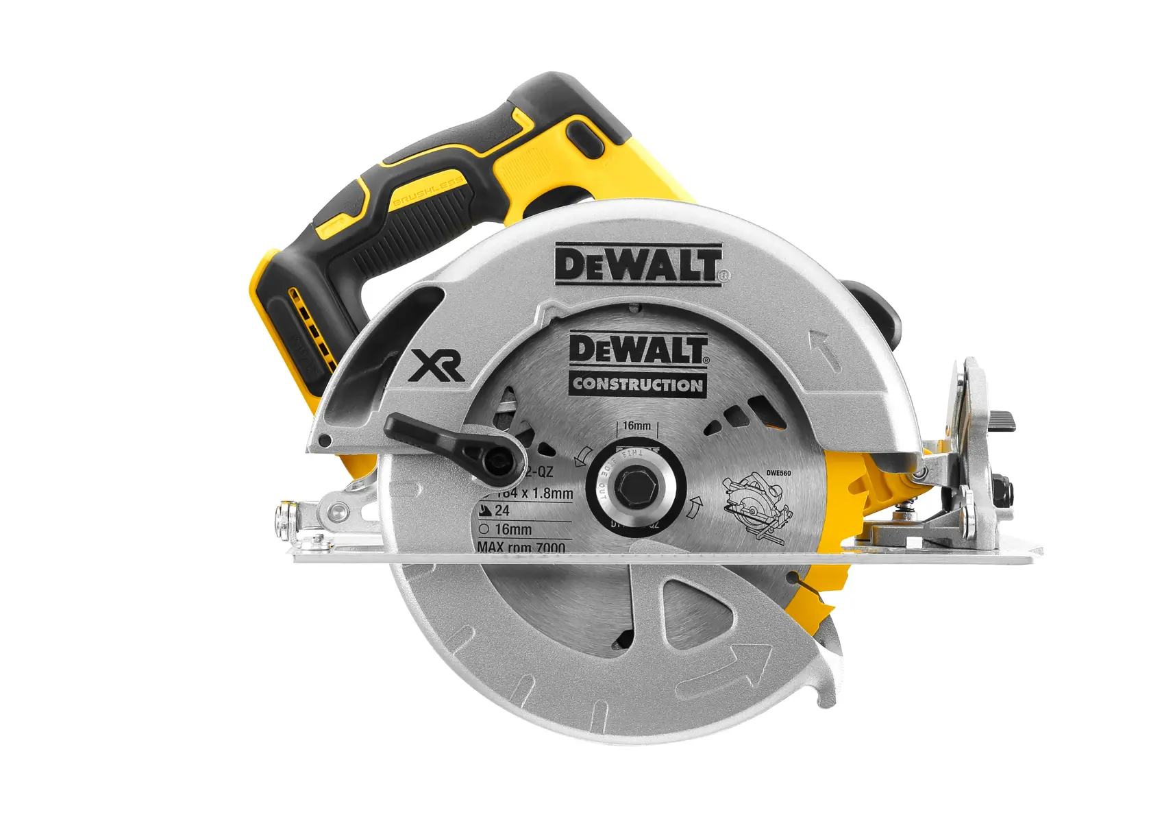 A DEWALT cordless circular saw with a yellow and black handle and a silver blade guard, shown facing forward. The model number is DCS570N.