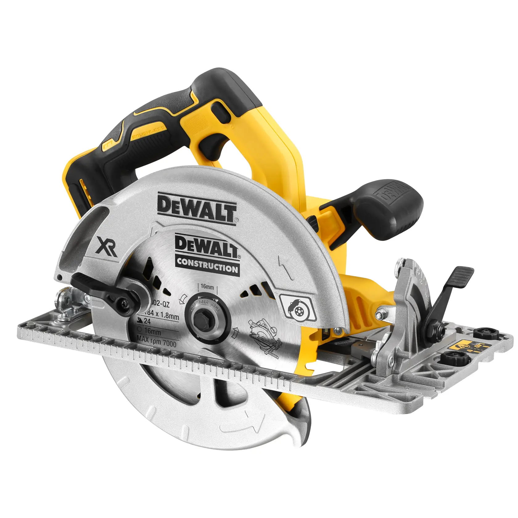DEWALT DCS572NT cordless circular saw with a yellow and black handle, silver blade, and adjustable base plate.